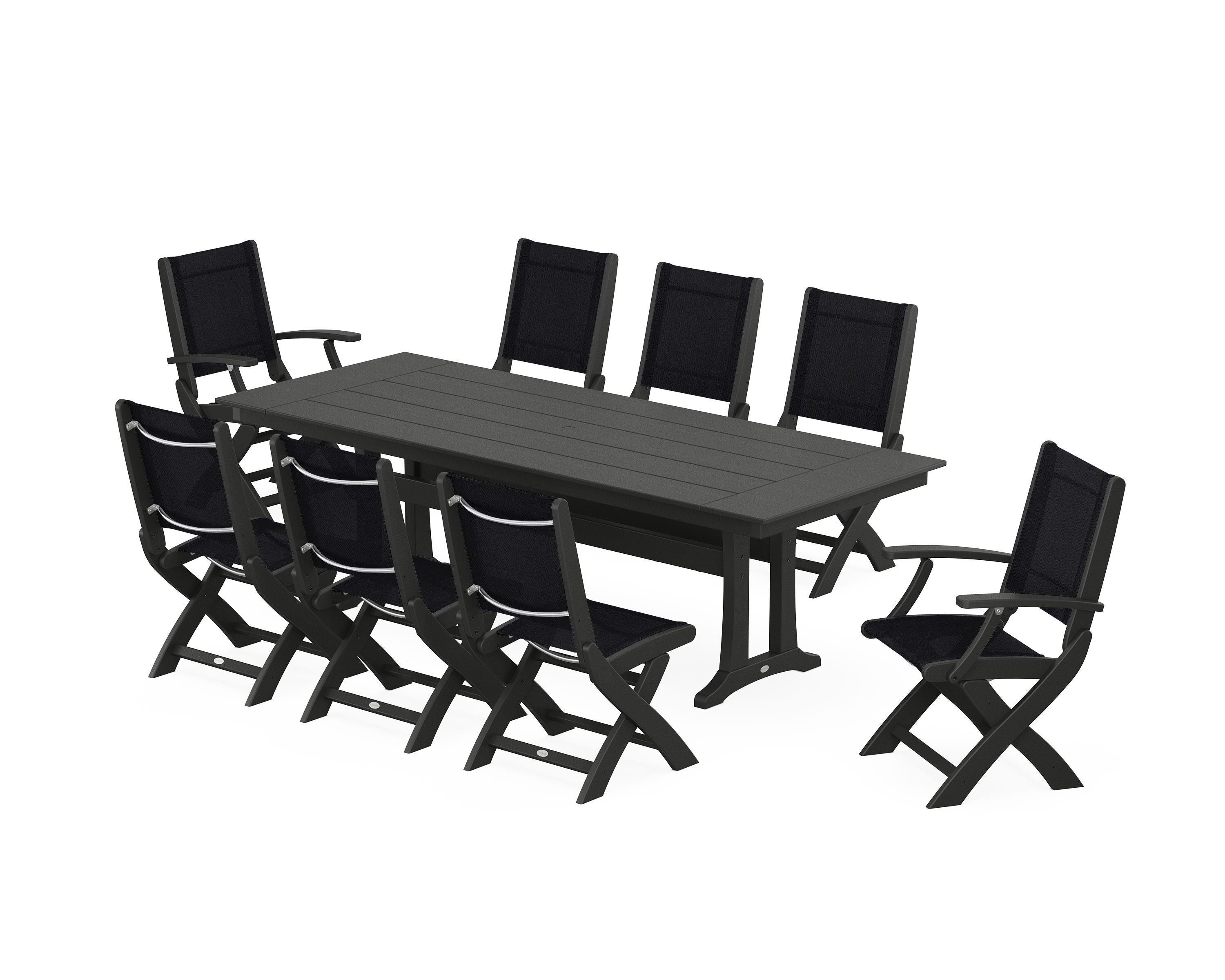 POLYWOOD Coastal 9-Piece Folding Dining Chair Farmhouse Dining Set with Trestle Legs in Black / Black Sling