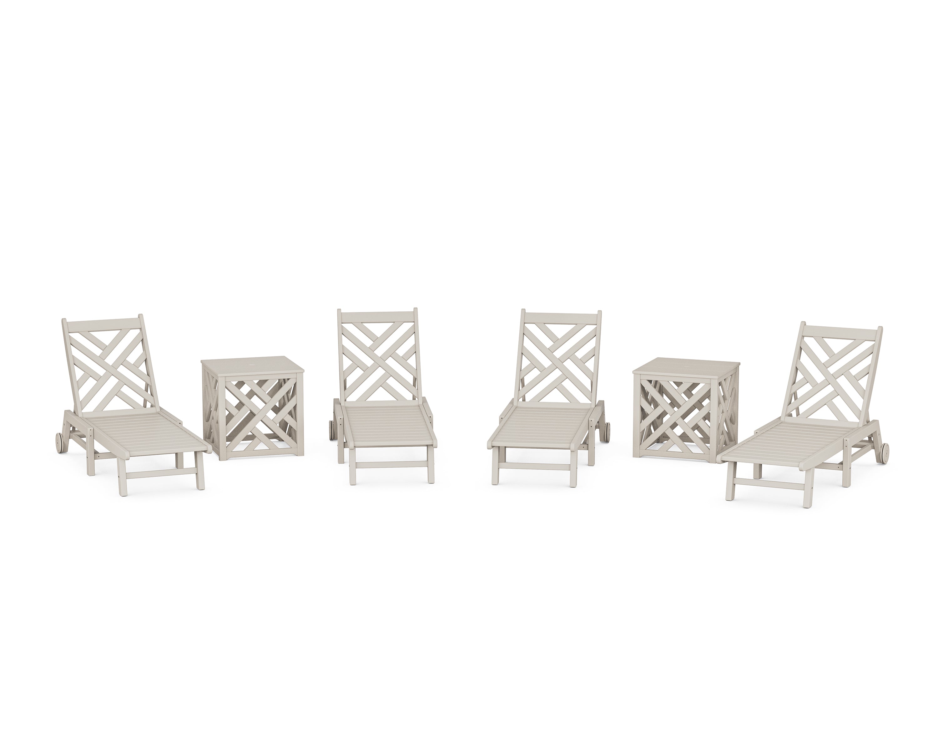 POLYWOOD Chippendale 6-Piece Chaise Set with Wheels and Umbrella Stand Accent Table in Sand