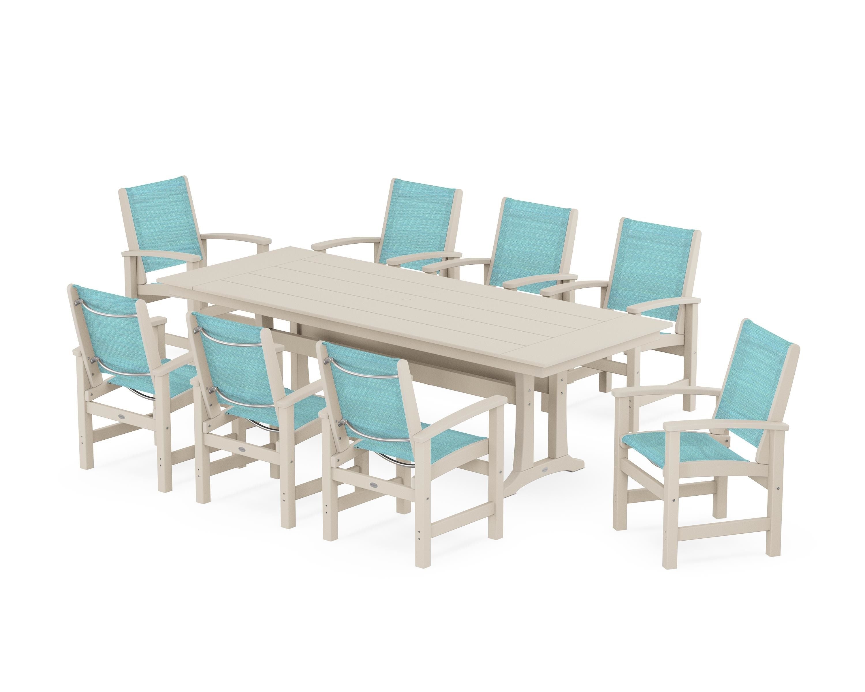 POLYWOOD Coastal 9-Piece Farmhouse Dining Set with Trestle Legs in Sand / Dupioni Aquamarine Sling