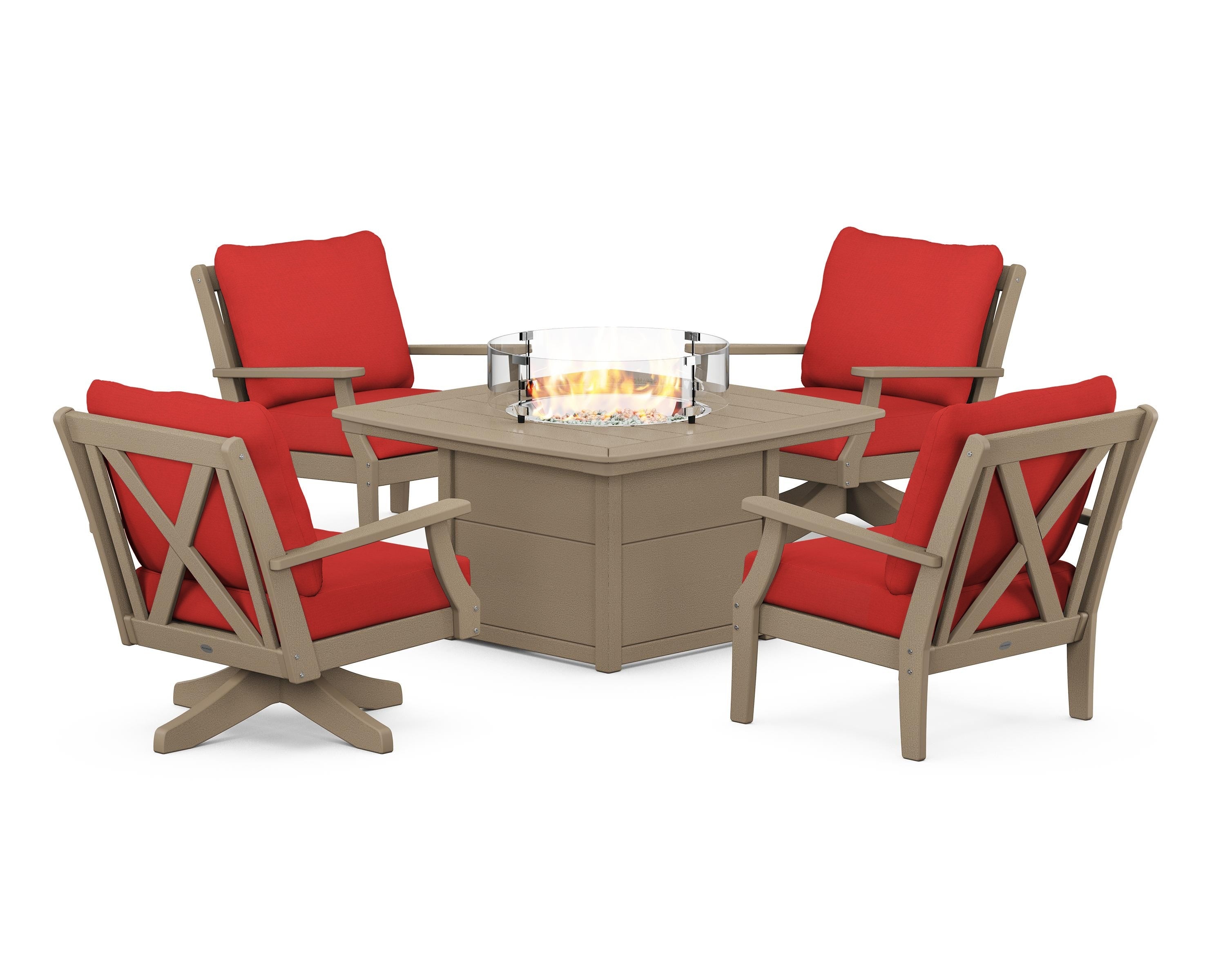 POLYWOOD Braxton 5-Piece Deep Seating Set with Fire Table in Vintage Sahara / Crimson Linen