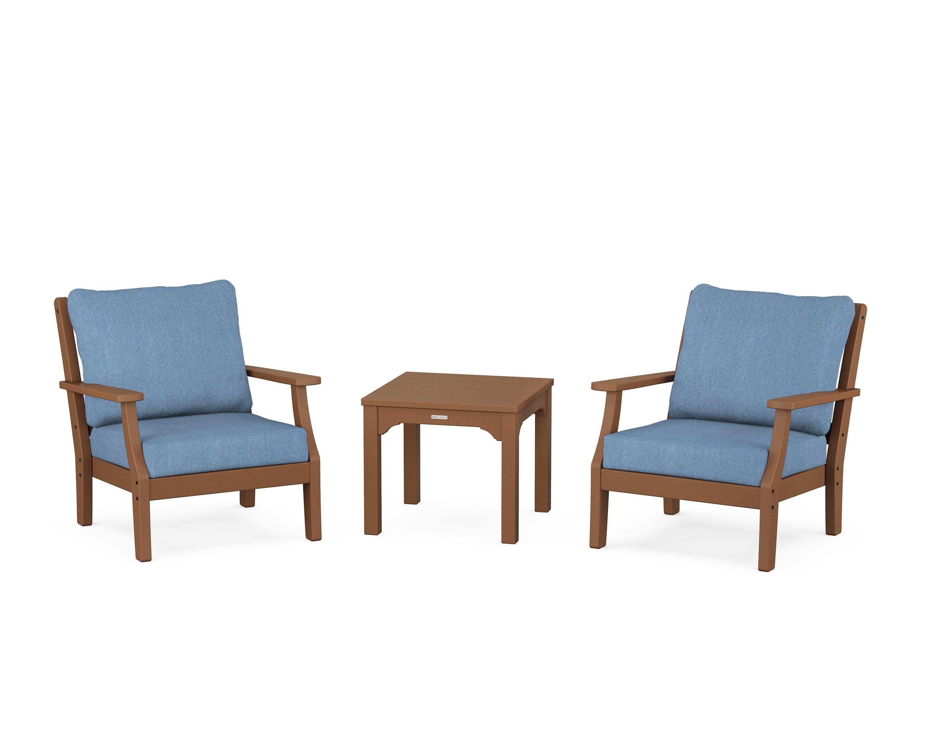 Martha Stewart by POLYWOOD Chinoiserie 3-Piece Deep Seating Set in Teak / Sky Blue