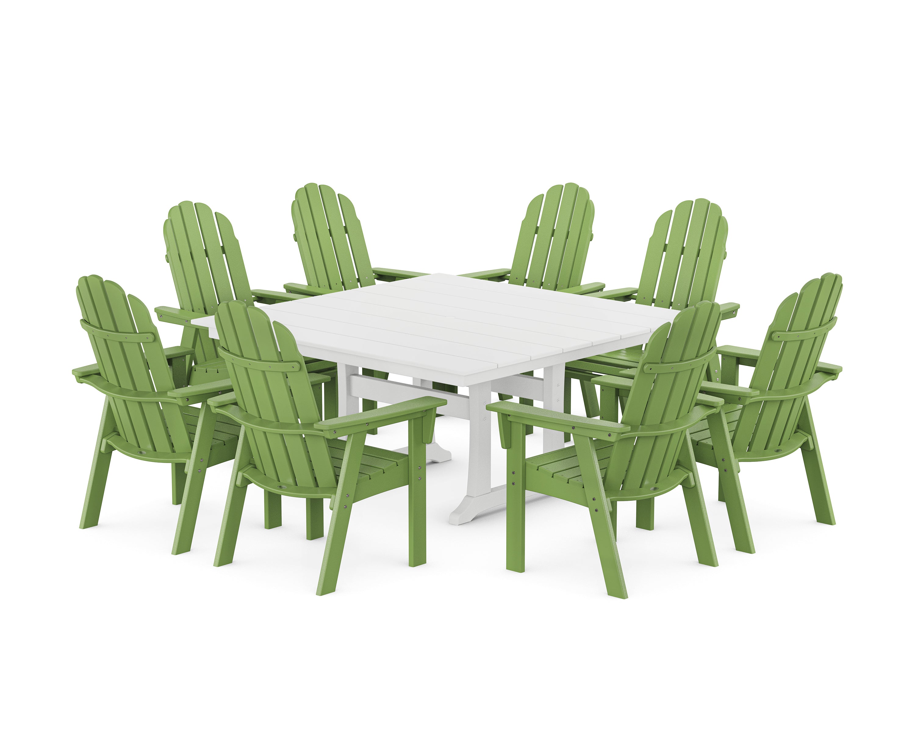 POLYWOOD Vineyard Curveback Adirondack 9-Piece Square Farmhouse Dining Set with Trestle Legs in Lime / White