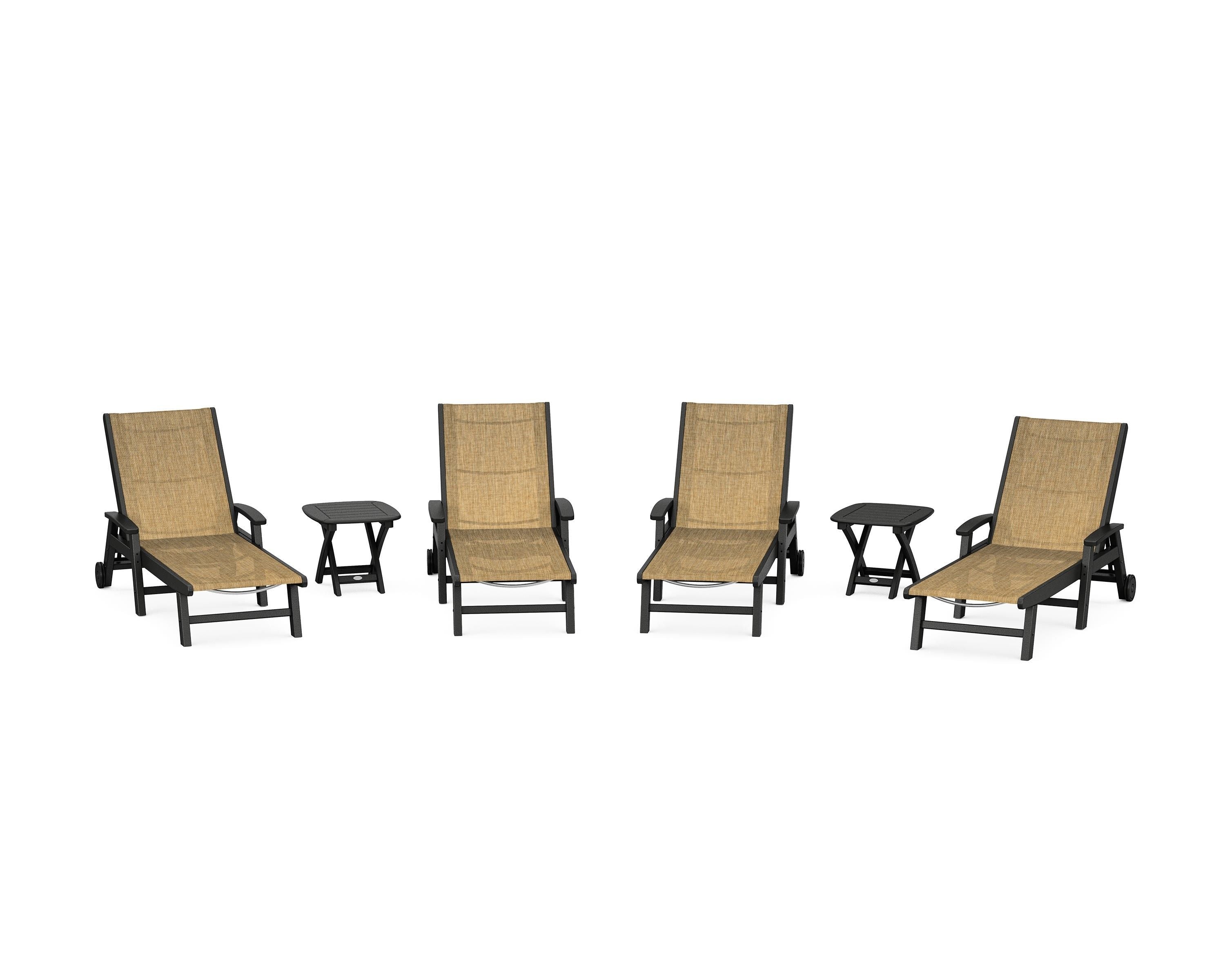 POLYWOOD Coastal Chaise 6-Piece Set with Wheels in Black / Burlap Sling