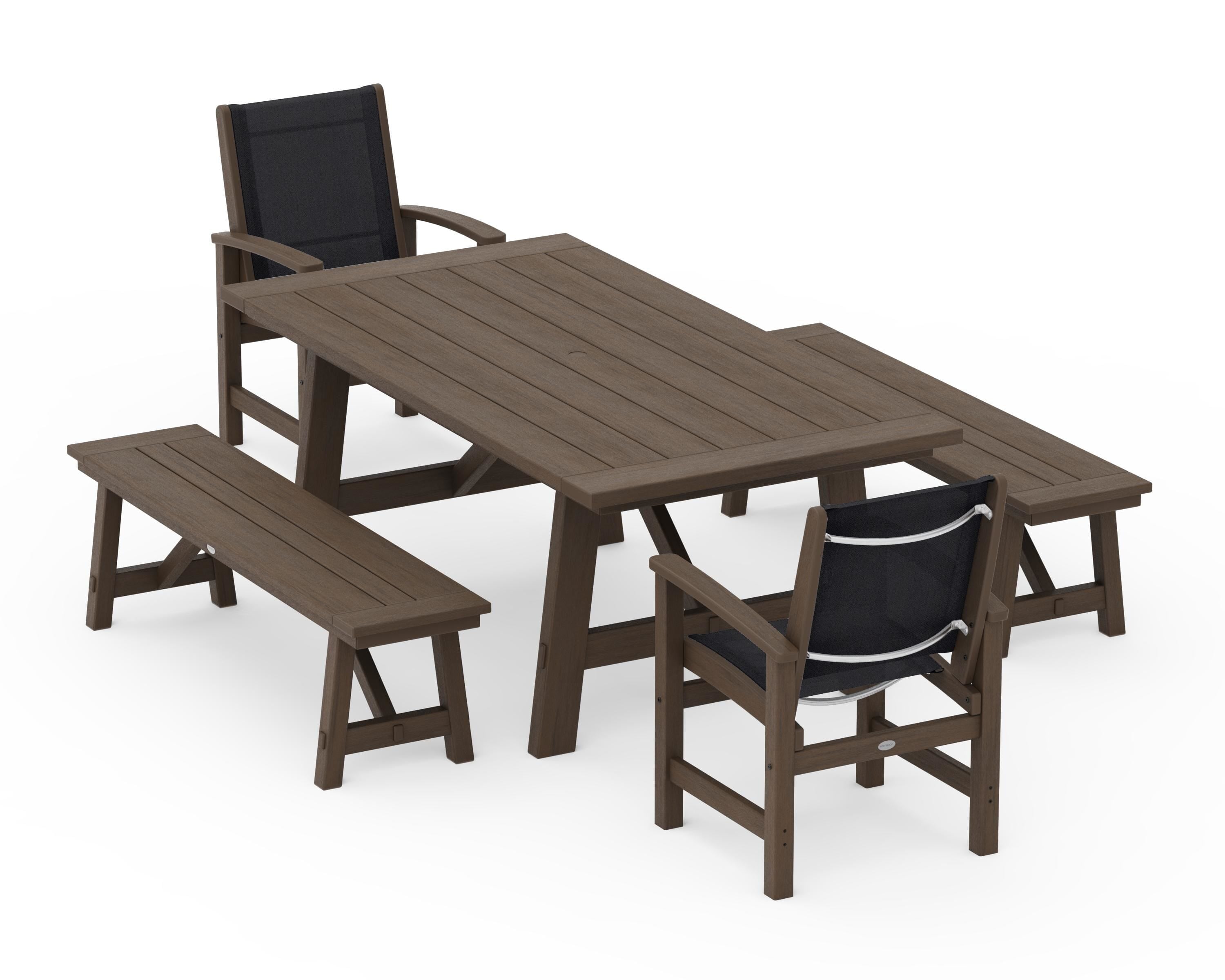 POLYWOOD Coastal 5-Piece Rustic Farmhouse Dining Set With Benches in Kona / Black Sling