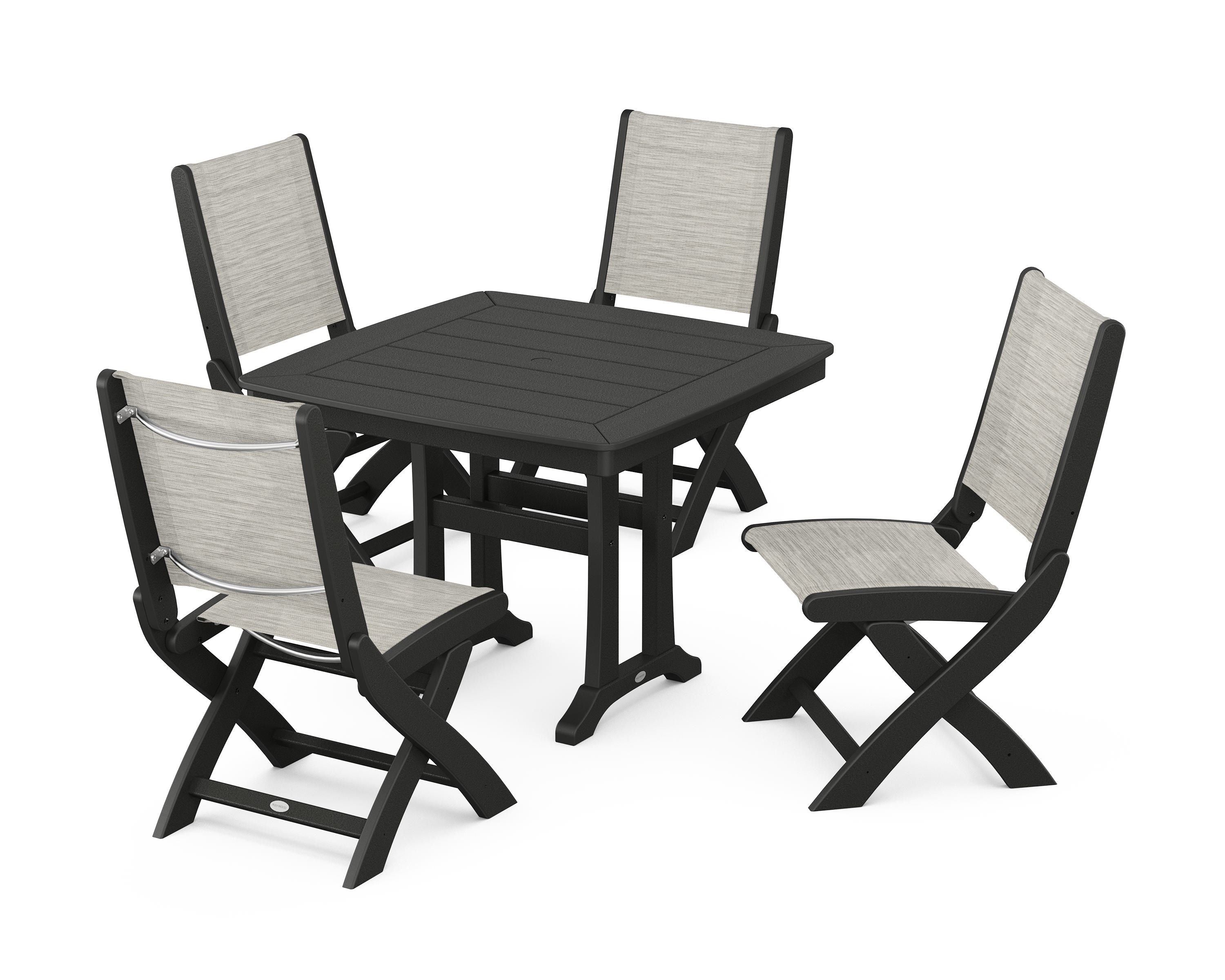 POLYWOOD Coastal Folding Side Chair 5-Piece Dining Set with Trestle Legs in Black / Birch Sling