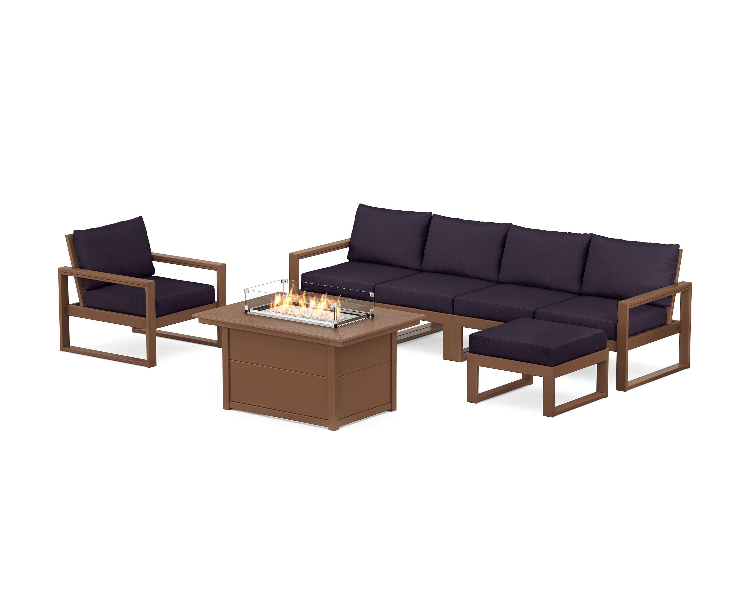 POLYWOOD EDGE Sectional Lounge and Fire Pit Set in Teak / Navy Linen