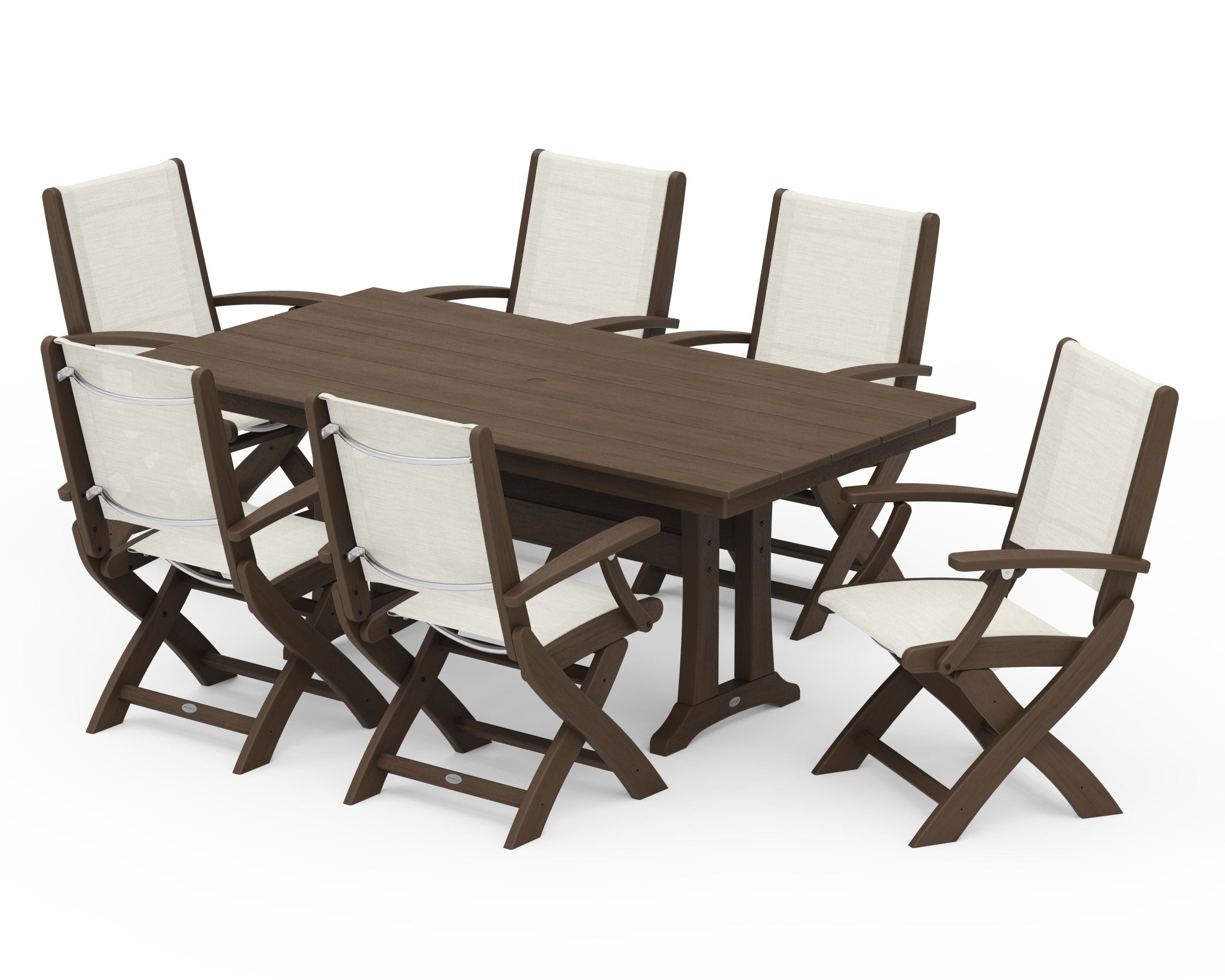 POLYWOOD Coastal Folding Arm Chair 7-Piece Farmhouse Dining Set with Trestle Legs in Kona / Parchment Sling