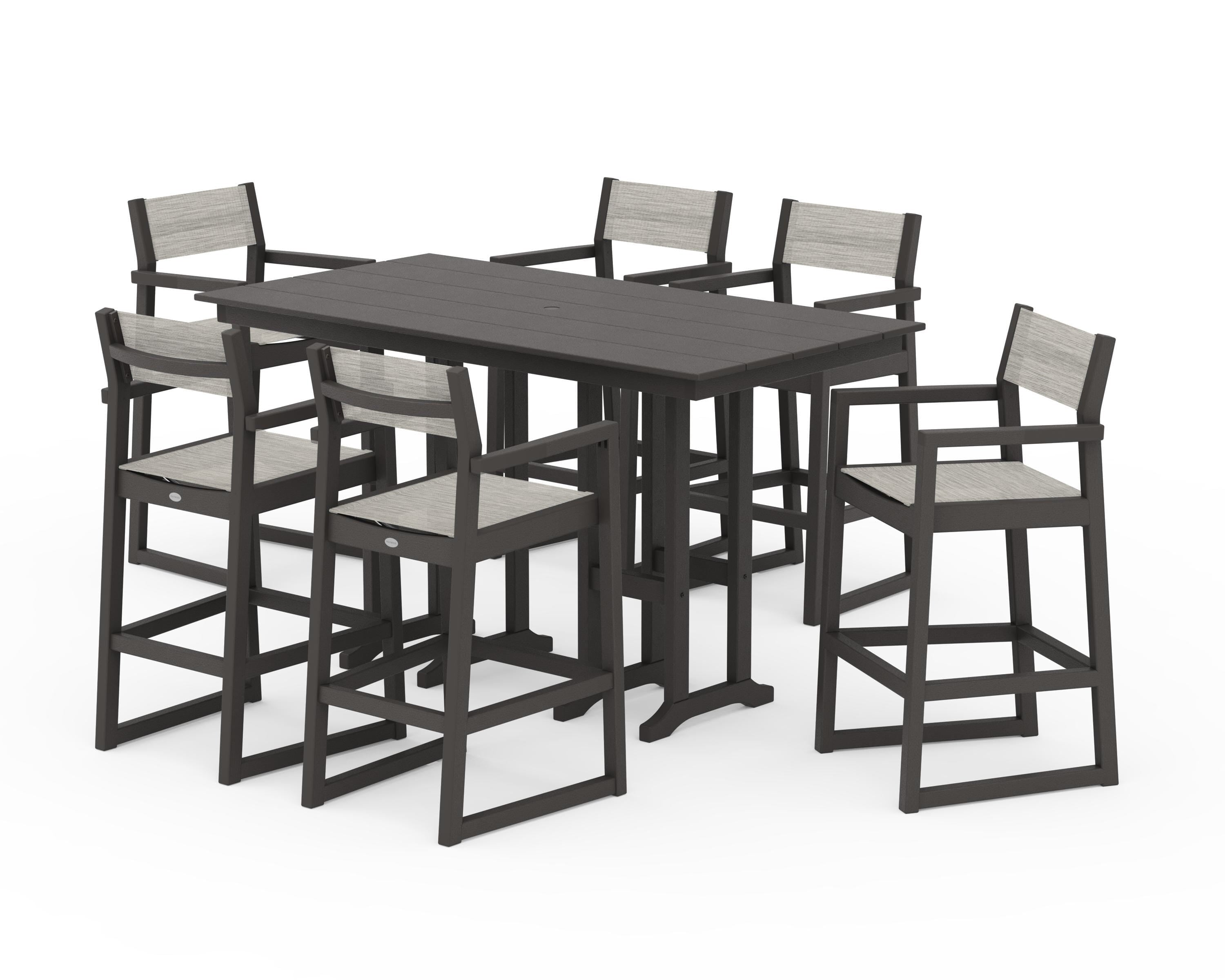 POLYWOOD EDGE Sling Arm Chair 7-Piece Farmhouse Bar Set in Vintage Coffee / Birch Sling