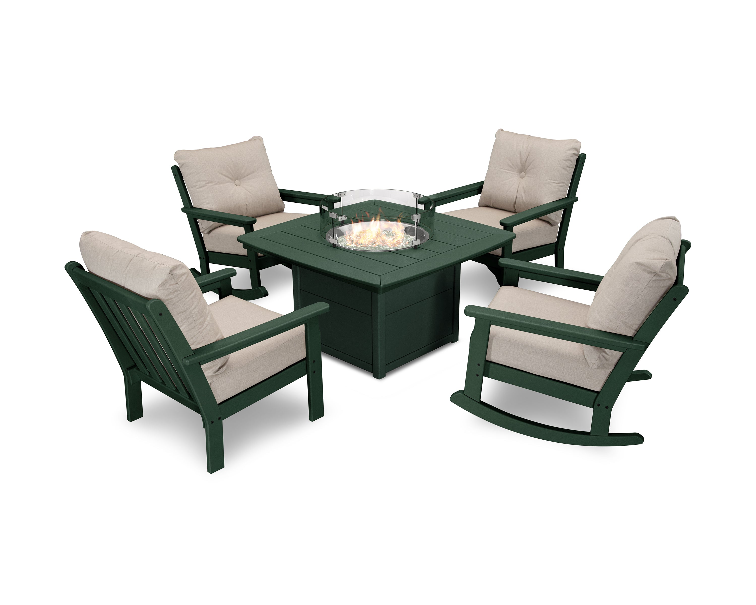 POLYWOOD Vineyard 5-Piece Deep Seating Rocking Chair Conversation Set with Fire Pit Table in Green / Cast Ash