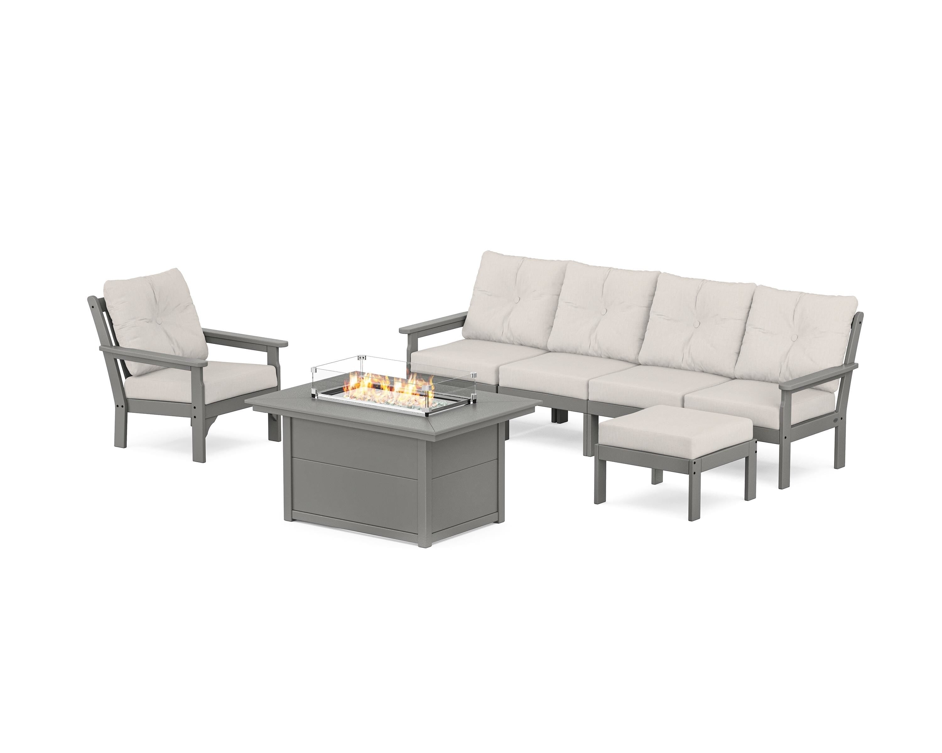POLYWOOD Vineyard Sectional Lounge and Fire Pit Set in Slate Grey / Cast Ash