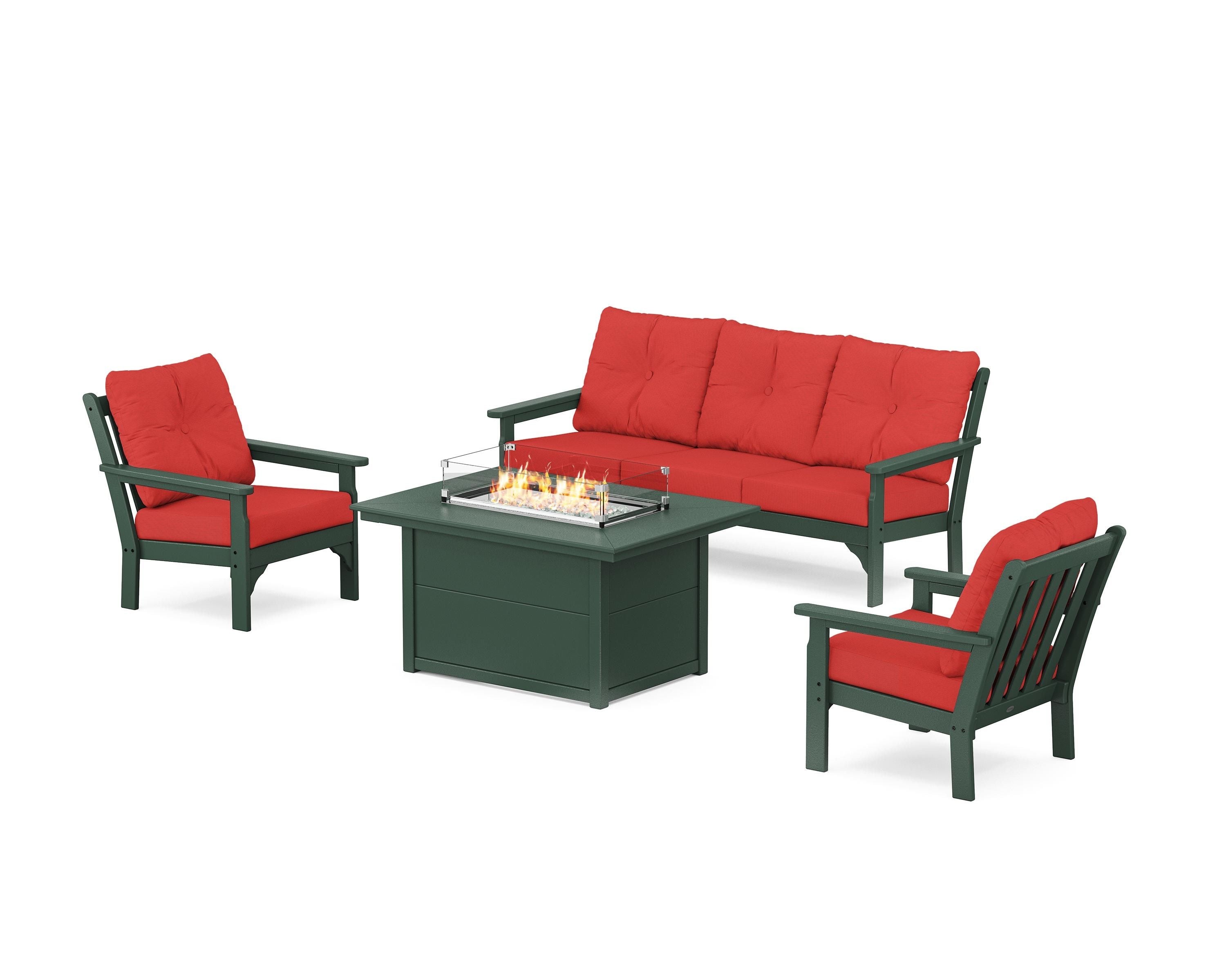 POLYWOOD Vineyard Deep Seating Fire Pit Table Set in Green / Crimson Linen