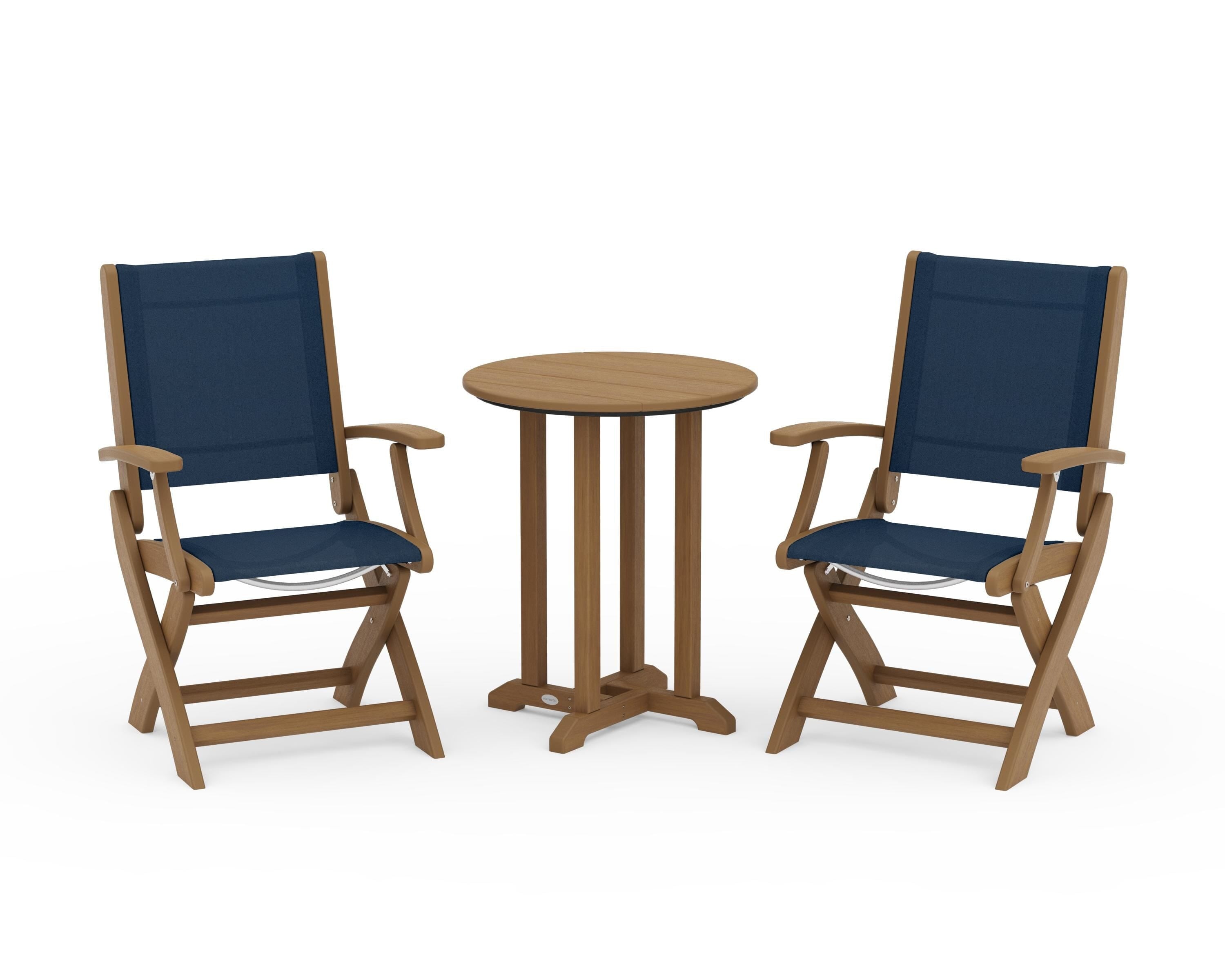 POLYWOOD Coastal Folding 3-Piece Round Bistro Dining Set in Natural / Navy Blue Sling