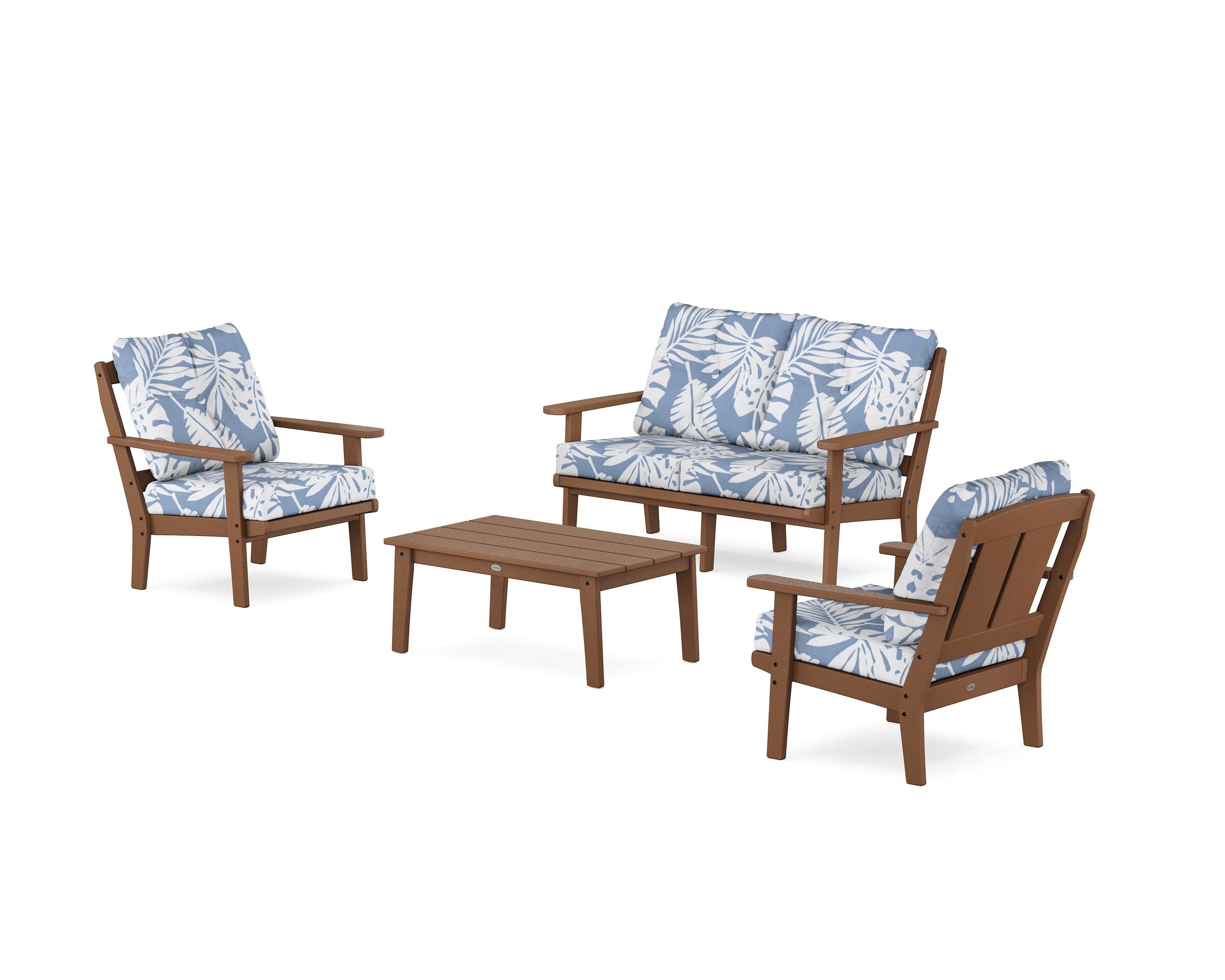 POLYWOOD Mission 4-Piece Deep Seating Set with Loveseat in Teak / Leaf Sky Blue