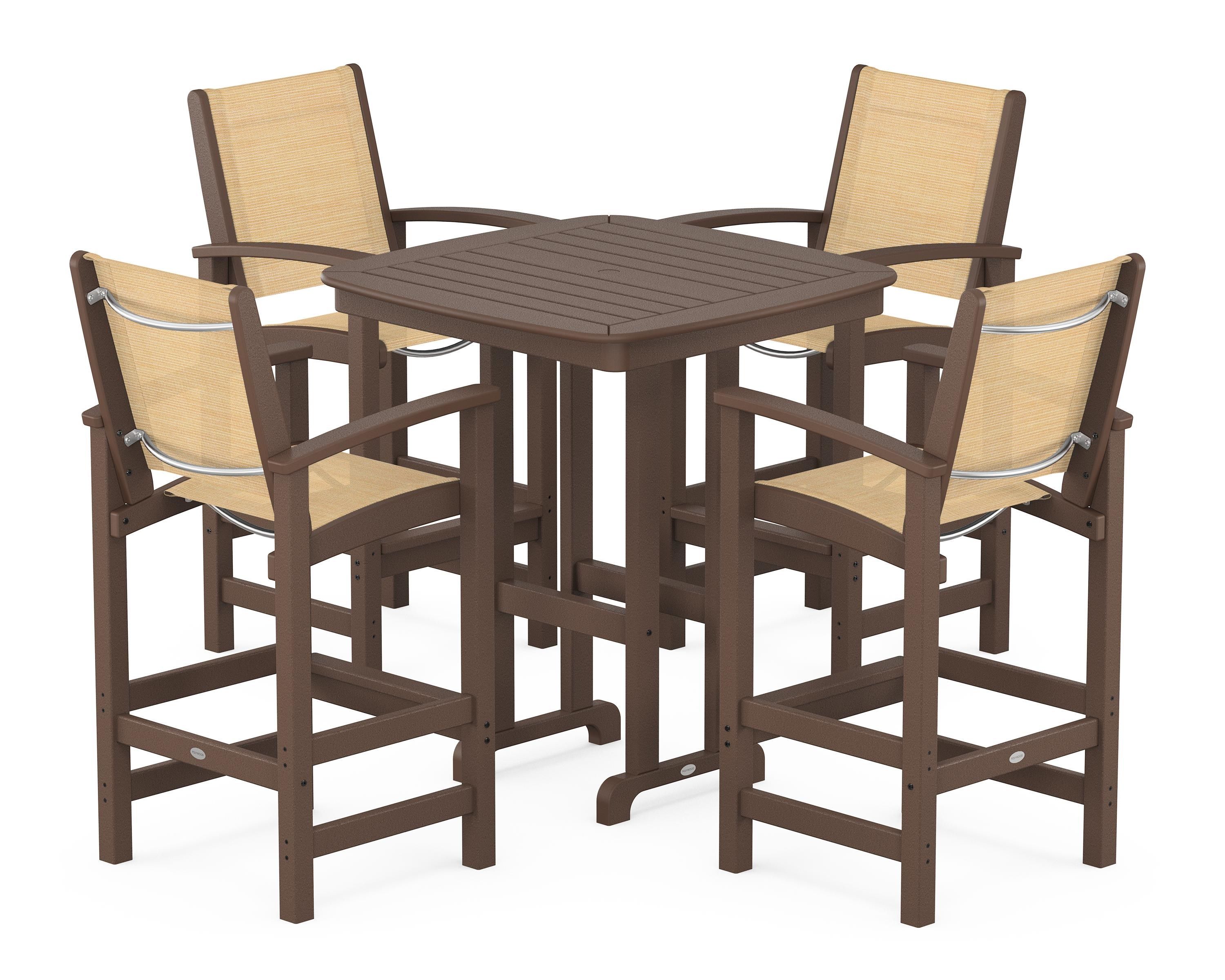POLYWOOD Coastal 5-Piece Bar Set in Mahogany / Dupioni Apricot Sling