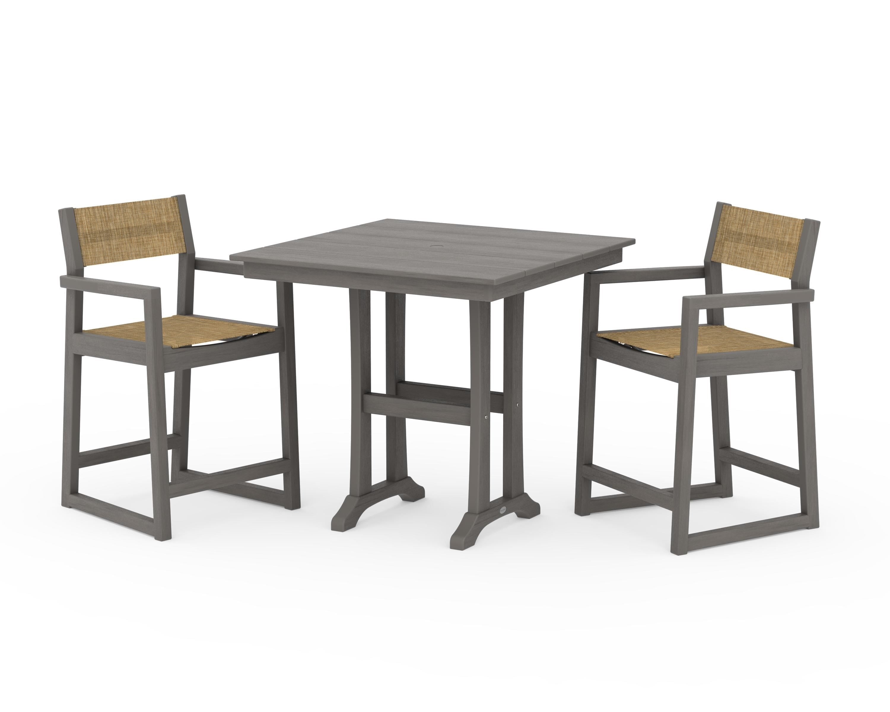 POLYWOOD EDGE Sling Arm Chair 3-Piece Farmhouse Counter Set with Trestle Legs in Driftwood / Burlap Sling