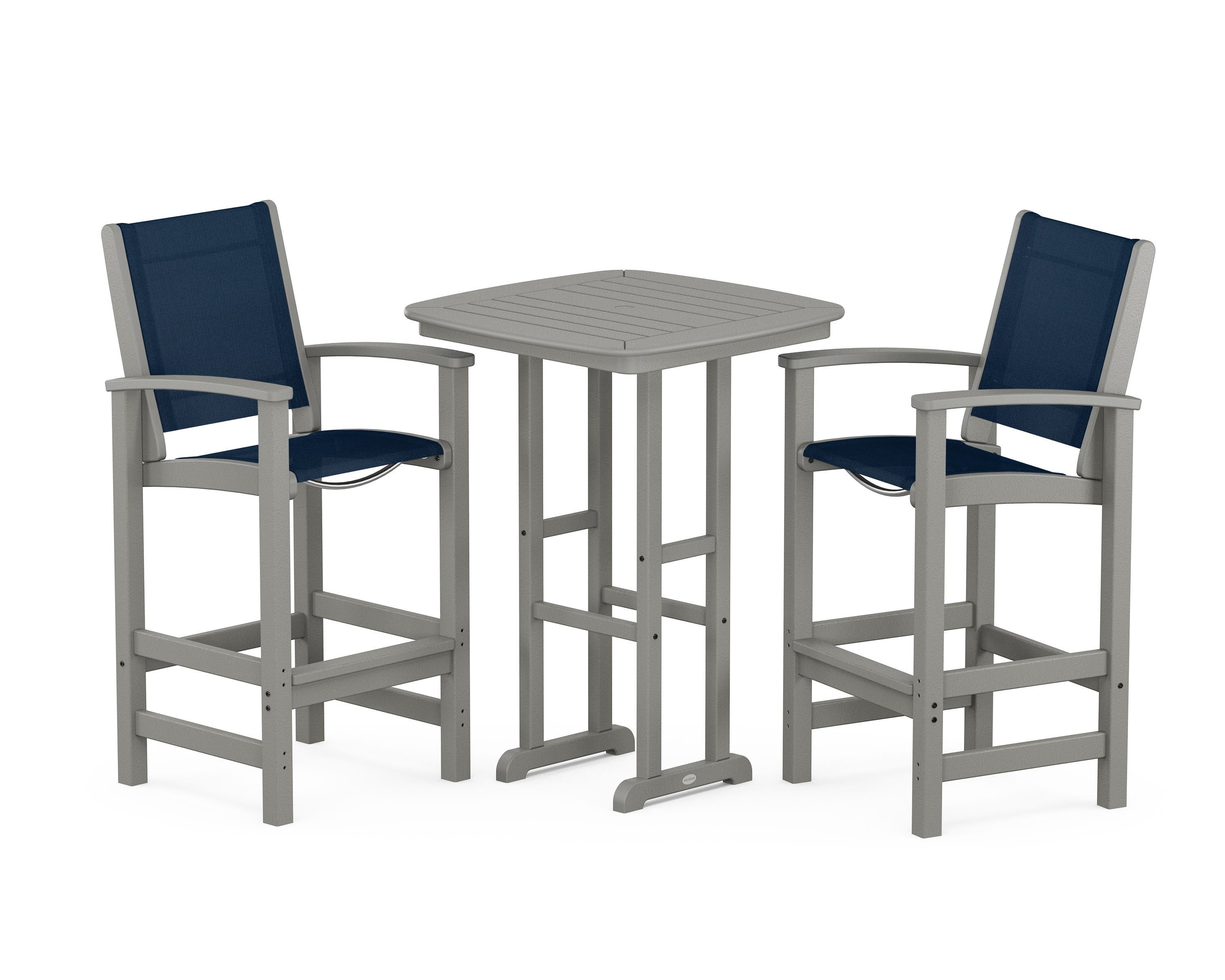 POLYWOOD Coastal 3-Piece Bar Set in Slate Grey / Navy Blue Sling