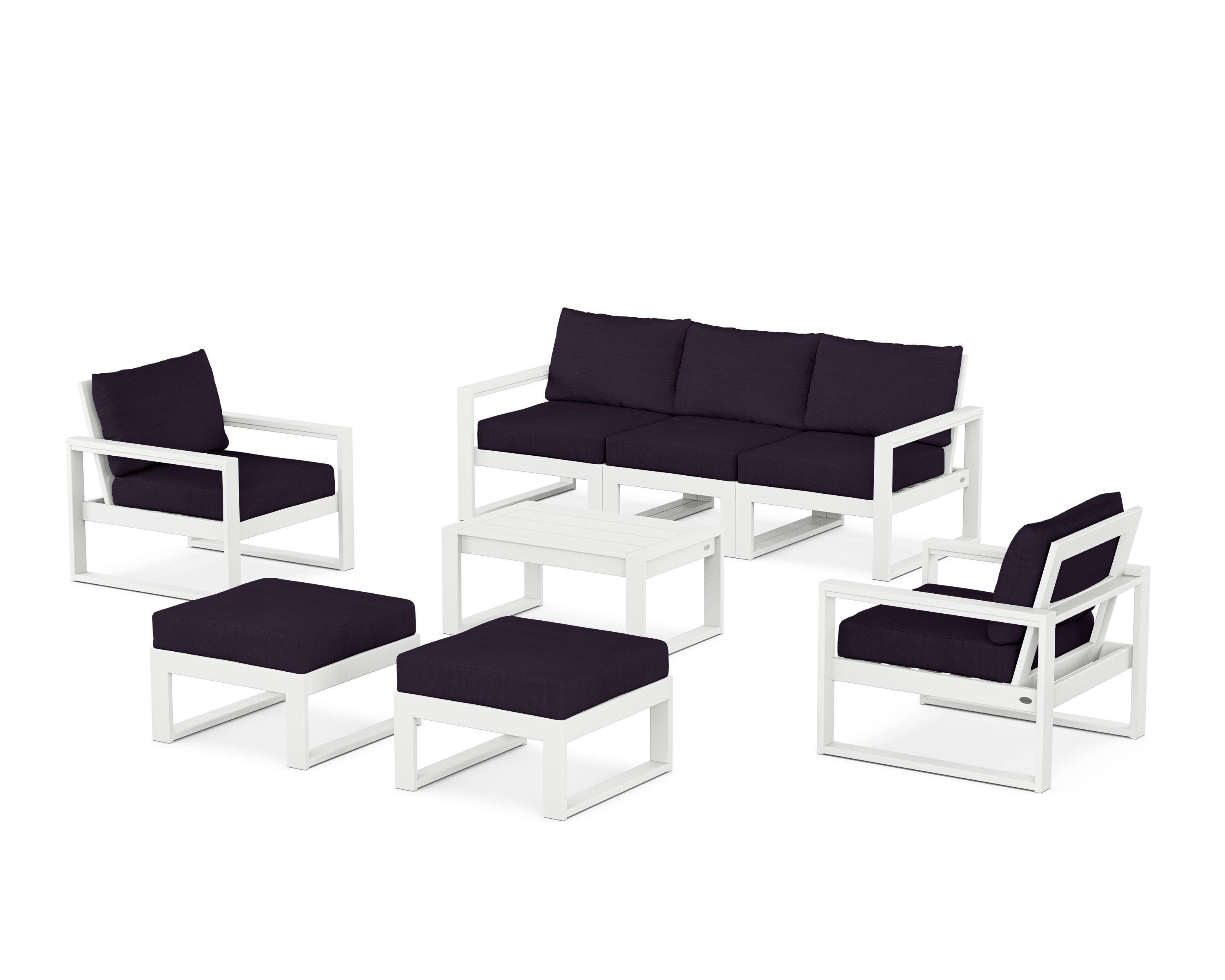 POLYWOOD EDGE Sectional 8-Piece Lounge Sofa Set in White / Navy Linen