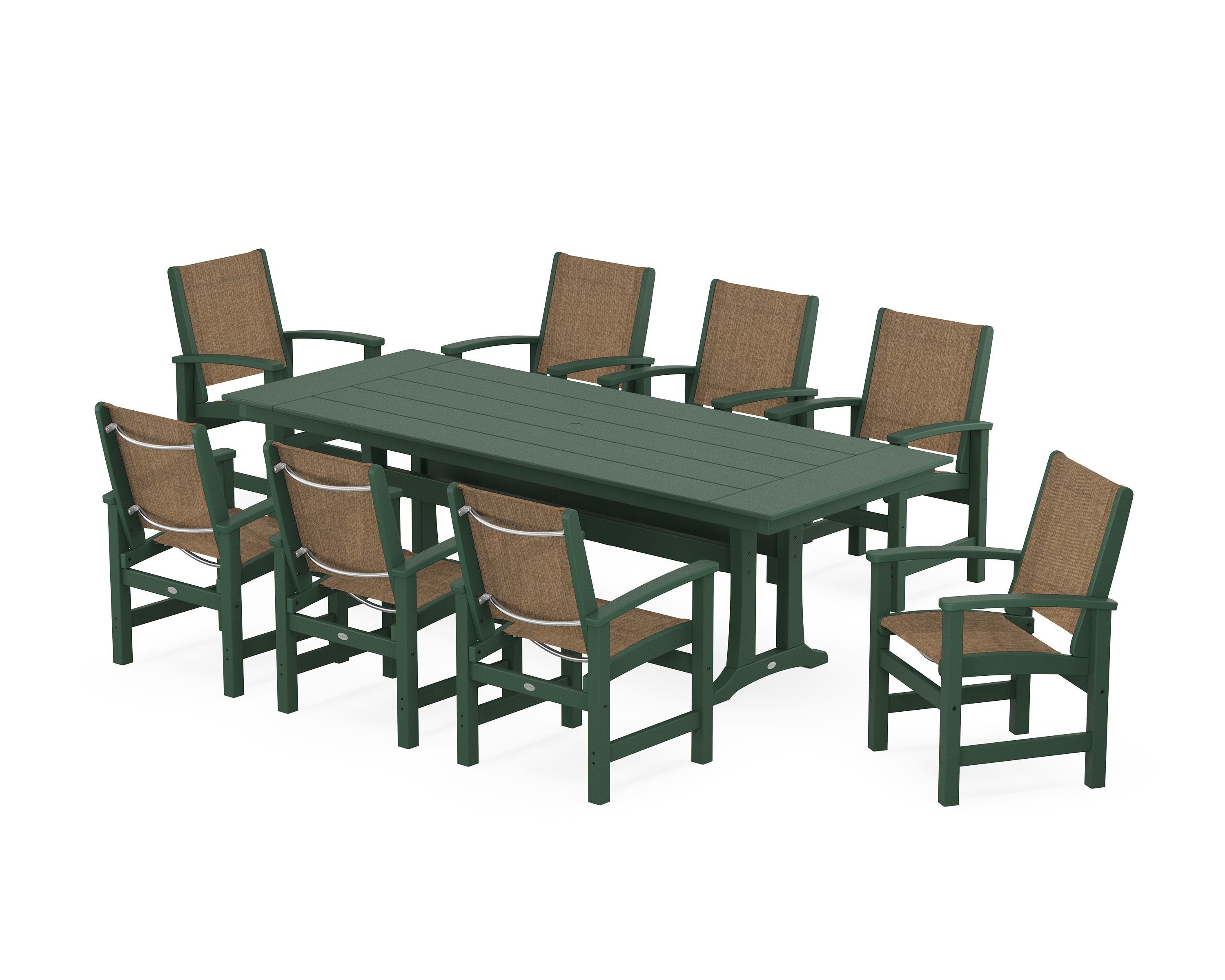 POLYWOOD Coastal 9-Piece Farmhouse Dining Set with Trestle Legs in Green / Burlap Sling