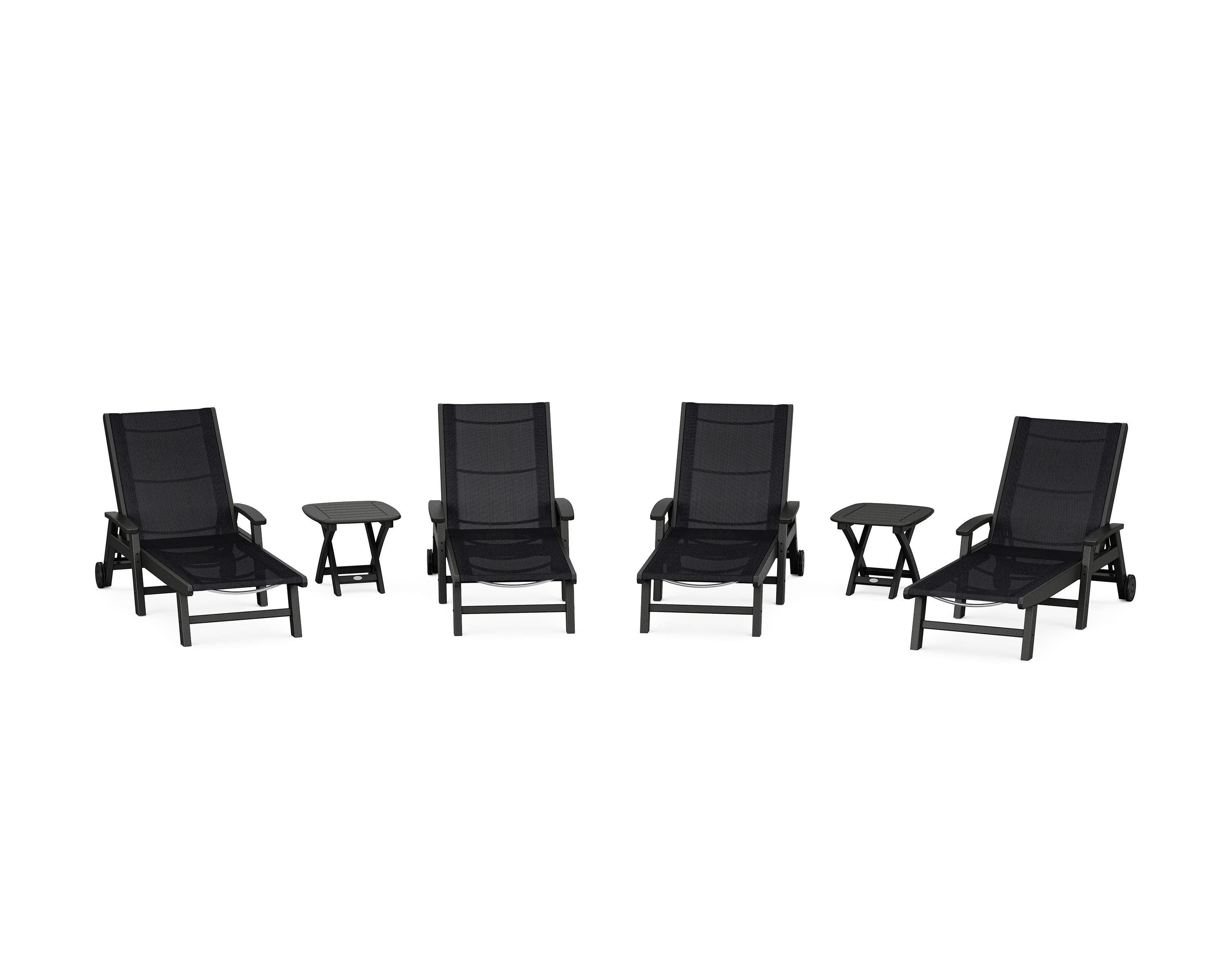 POLYWOOD Coastal Chaise 6-Piece Set with Wheels in Black / Black Sling