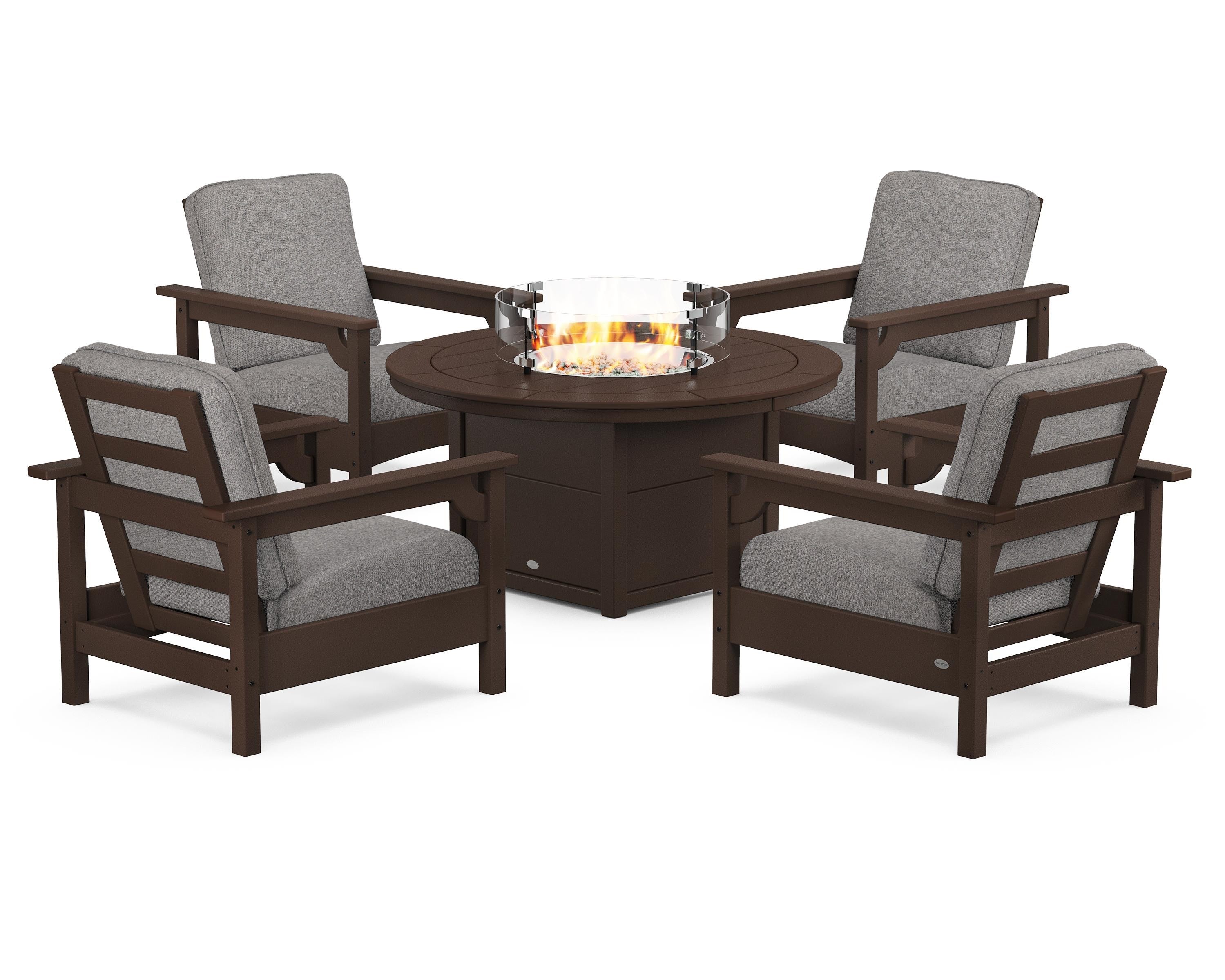 POLYWOOD Club 5-Piece Conversation Set with Fire Pit Table in Mahogany / Grey Mist