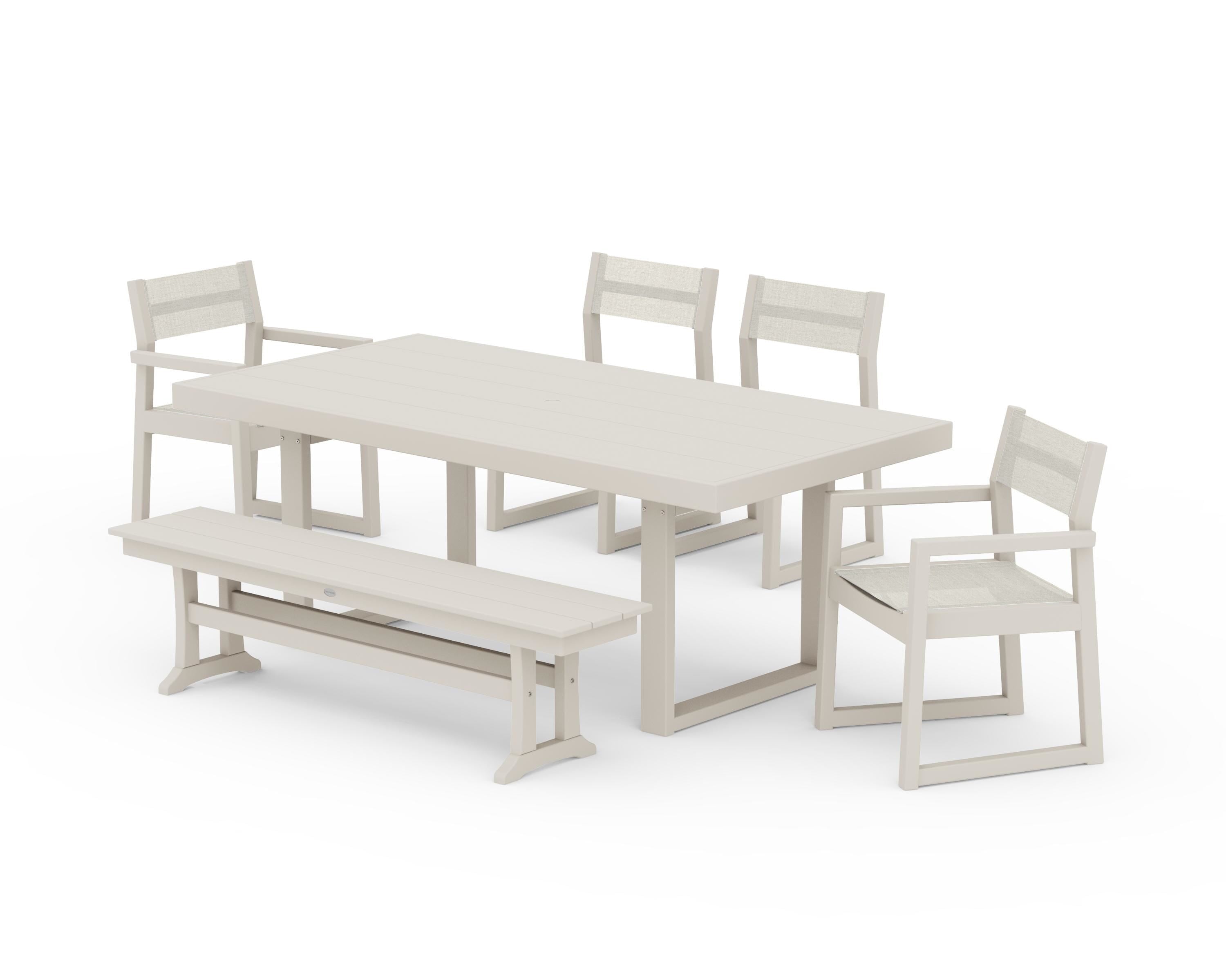 POLYWOOD EDGE Sling 6-Piece Dining Set with Bench in Sand / Parchment Sling