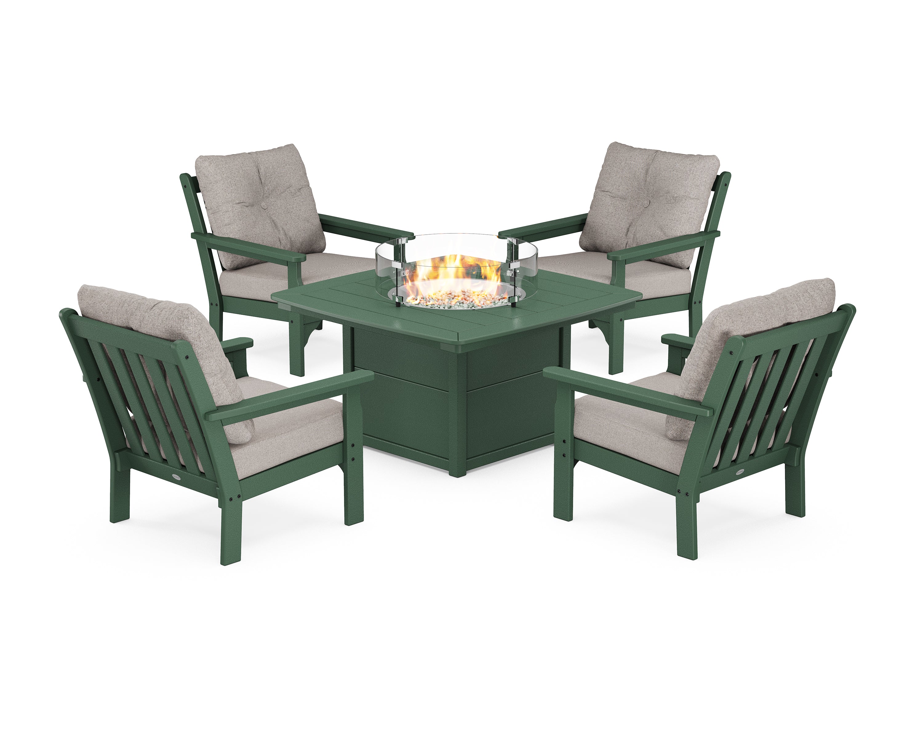 POLYWOOD Vineyard 5-Piece Conversation Set with Fire Pit Table in Green / Weathered Tweed