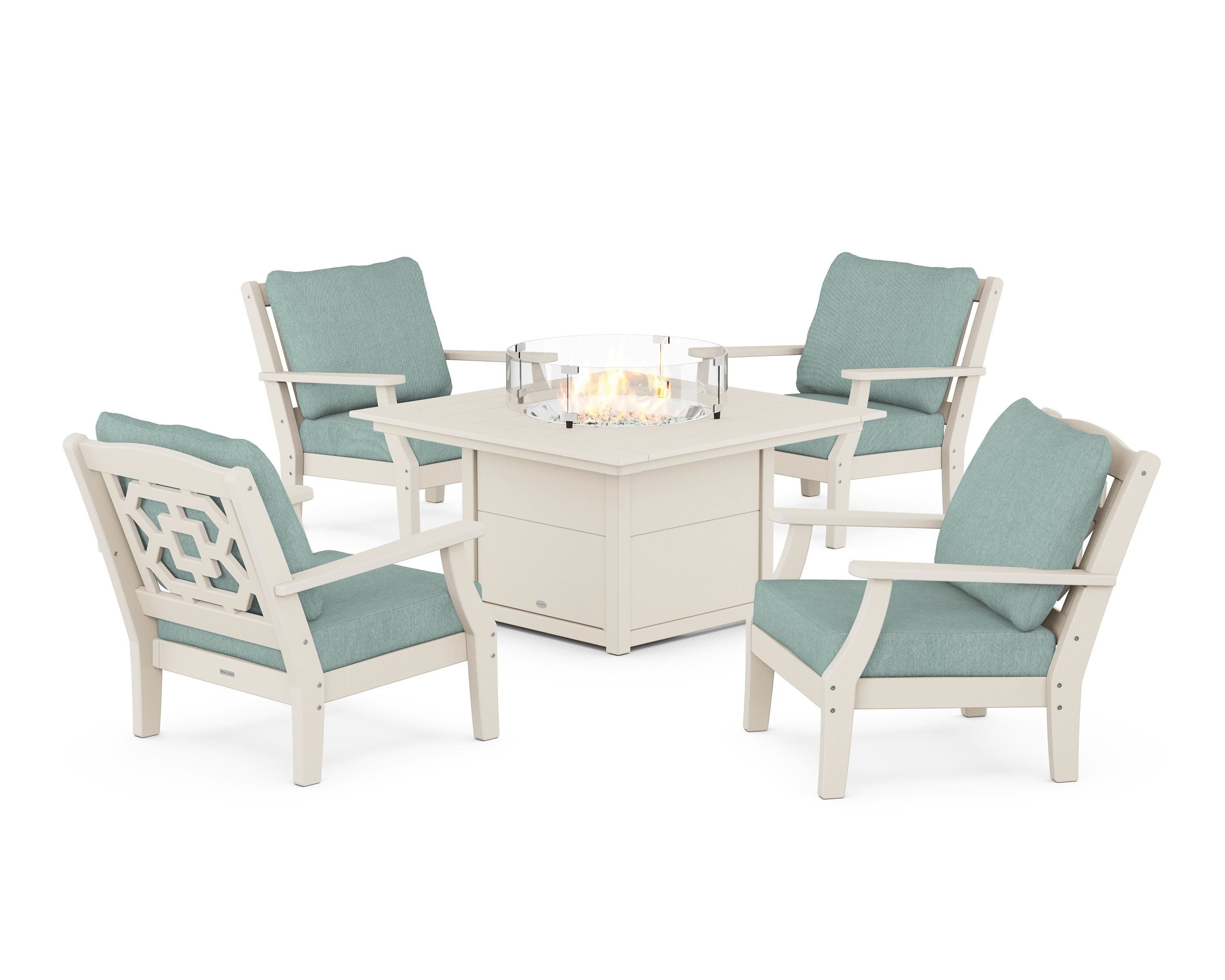 Martha Stewart by POLYWOOD Chinoiserie 5-Piece Deep Seating Set with Fire Pit Table in Sand / Glacier Spa
