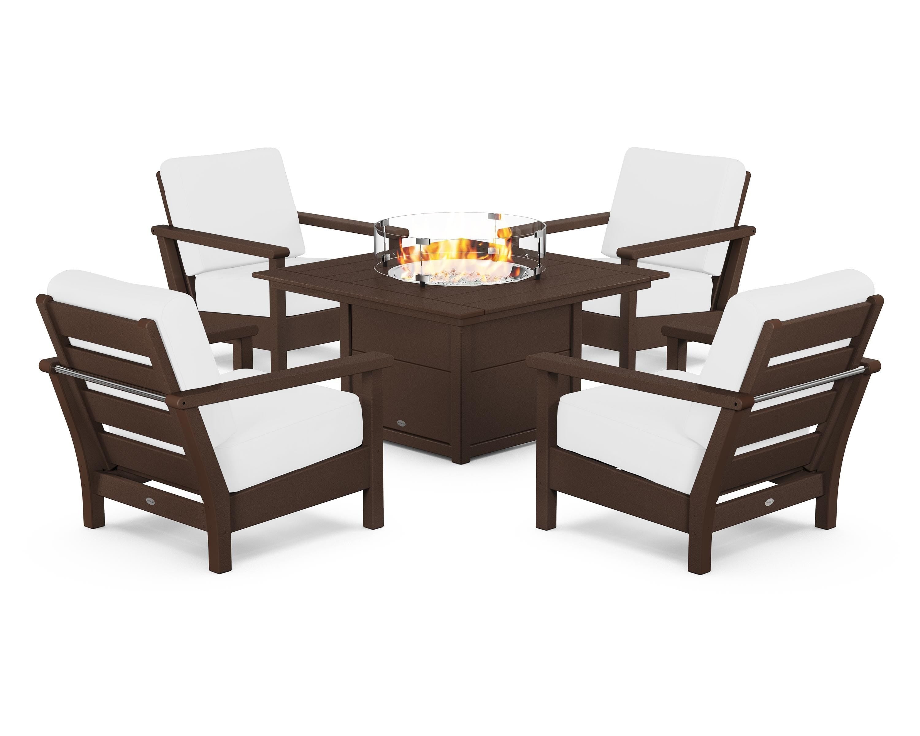POLYWOOD Harbour 5-Piece Conversation Set with Fire Pit Table in Mahogany / Natural