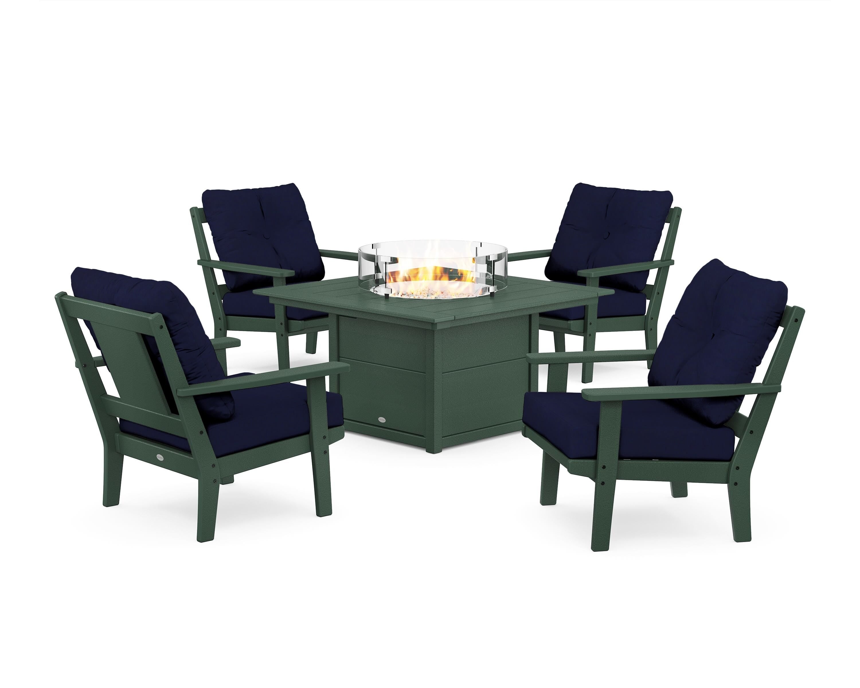 POLYWOOD Prairie 5-Piece Deep Seating Set with Fire Pit Table in Green / Navy