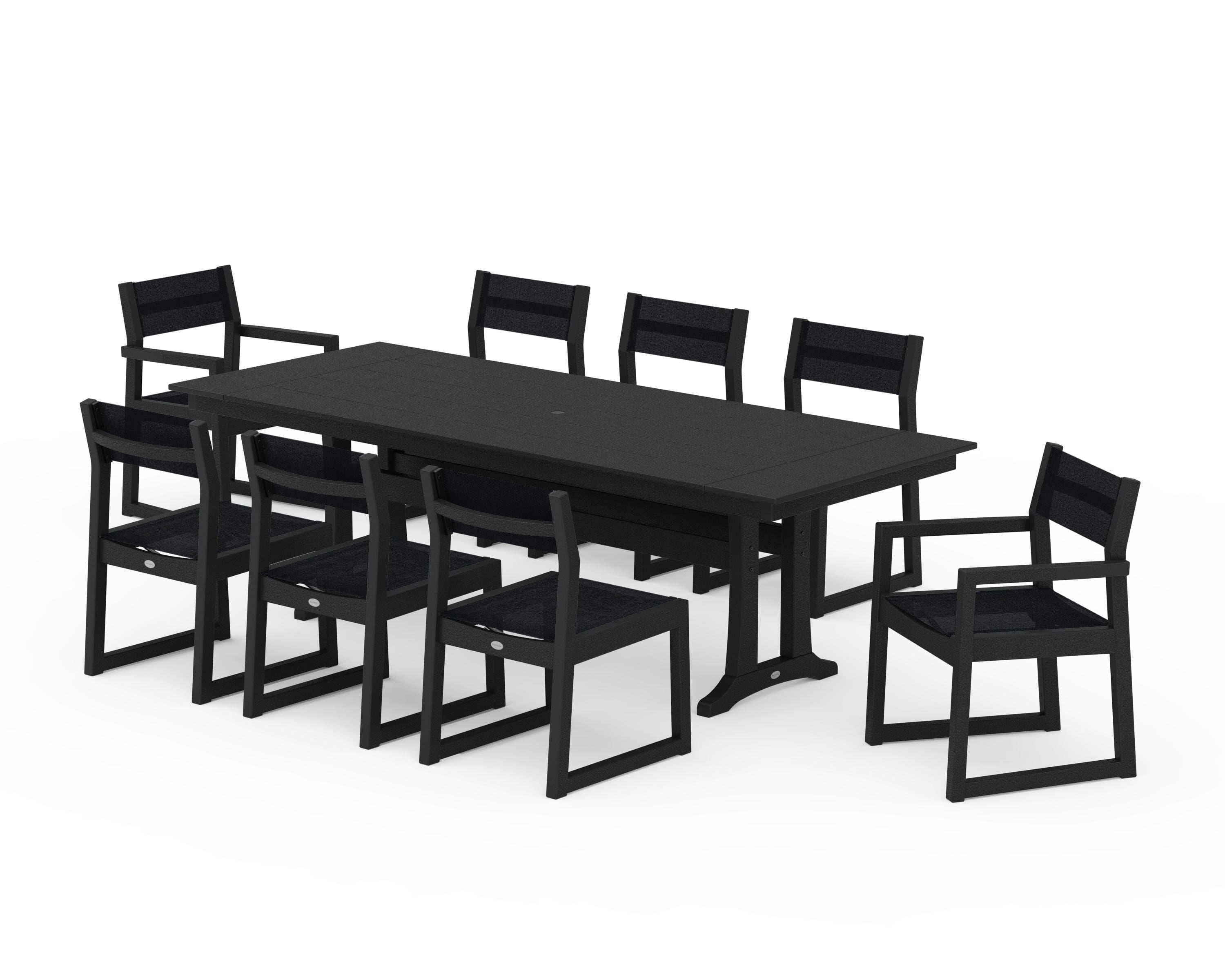 POLYWOOD EDGE Sling 9-Piece Farmhouse Trestle Dining Set in Black / Black Sling