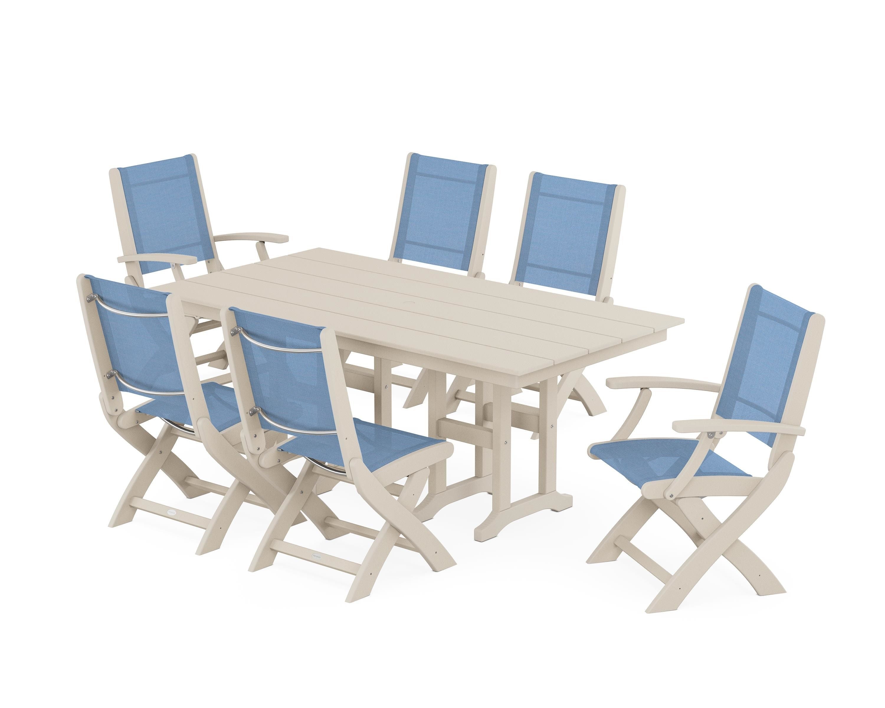 POLYWOOD Coastal Folding Chair 7-Piece Farmhouse Dining Set in Sand / Poolside Sling