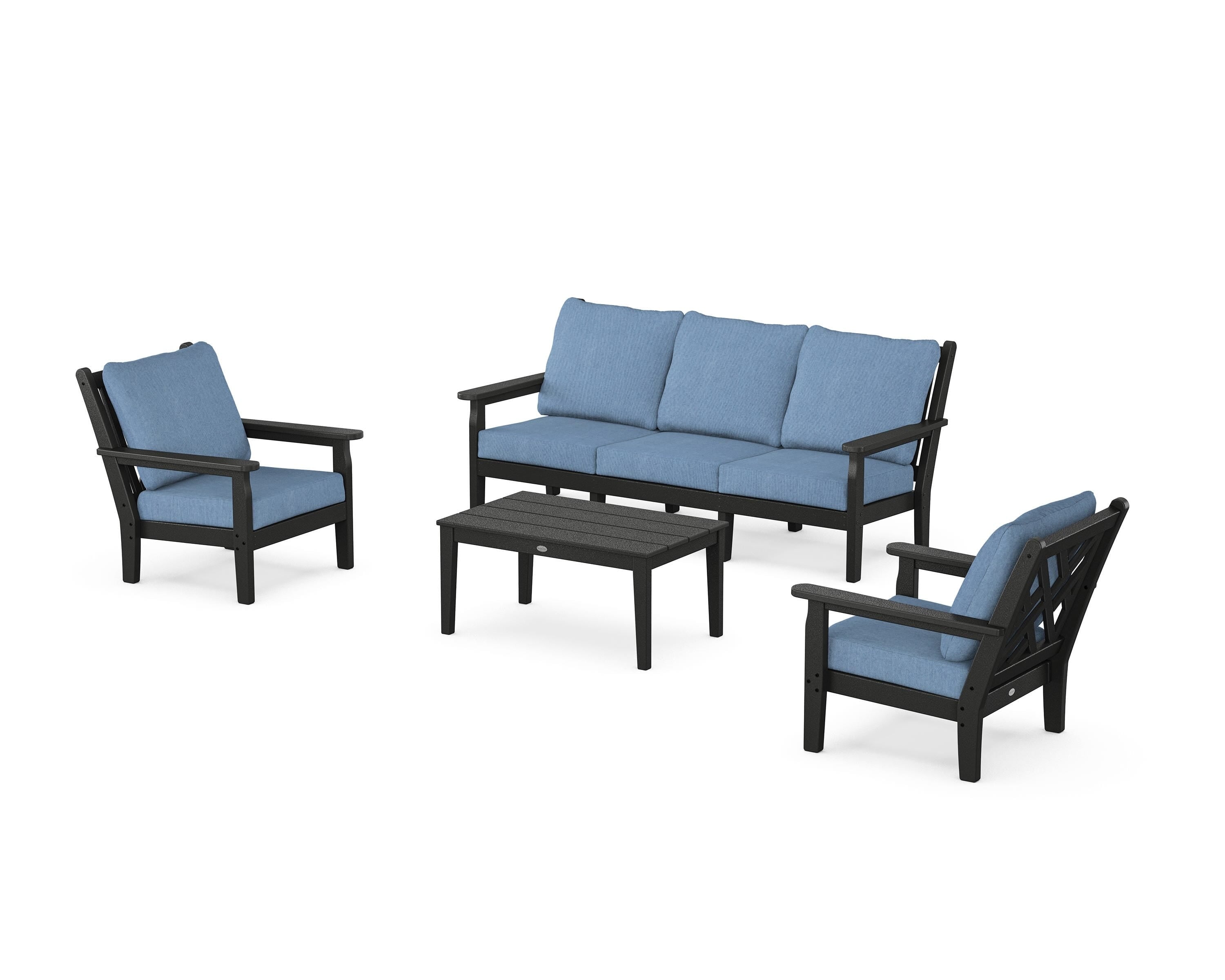 POLYWOOD Chippendale 4-Piece Deep Seating Set with Sofa in Black / Sky Blue