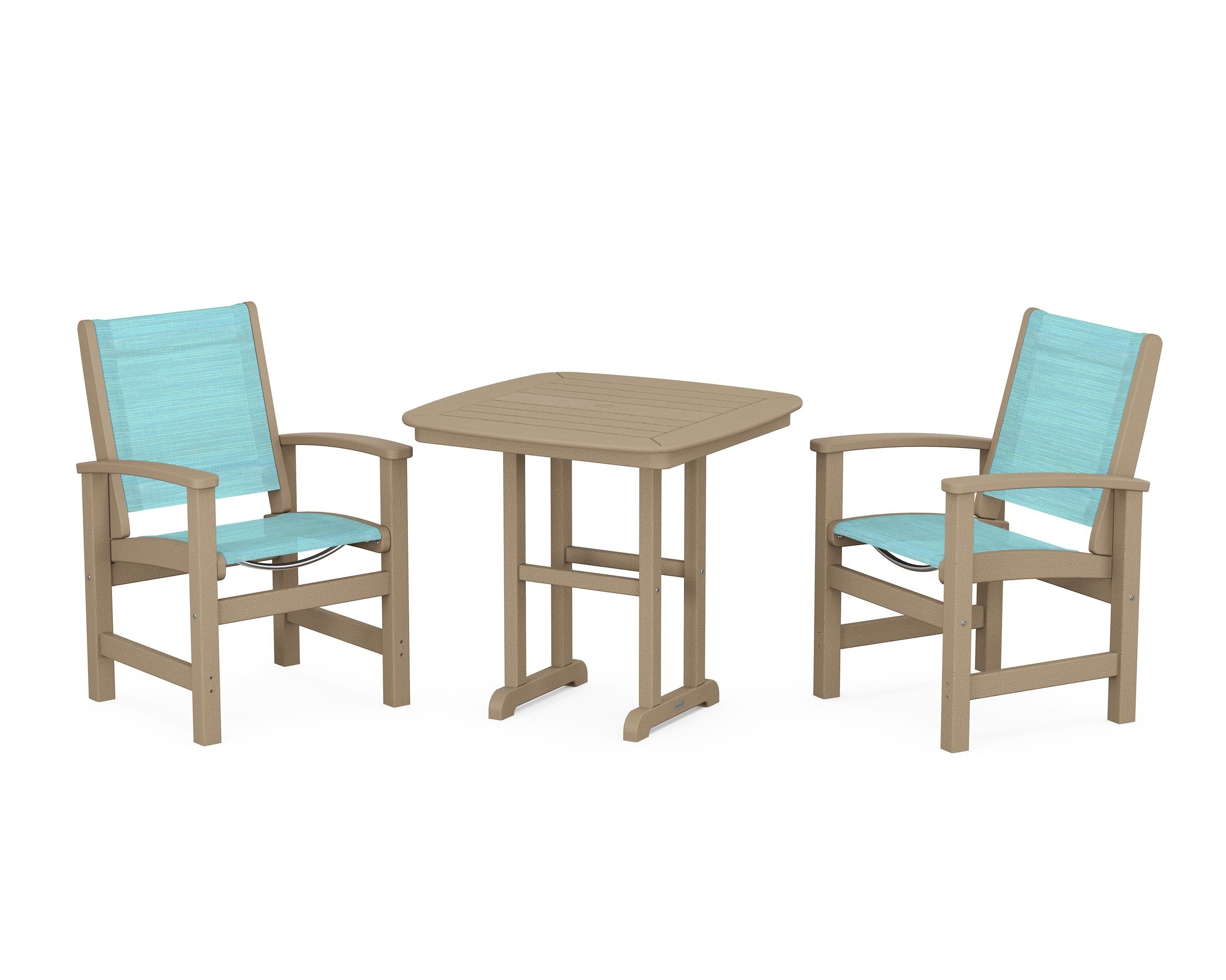 POLYWOOD Coastal 3-Piece Dining Set in Vintage Sahara / Dupioni Aquamarine Sling