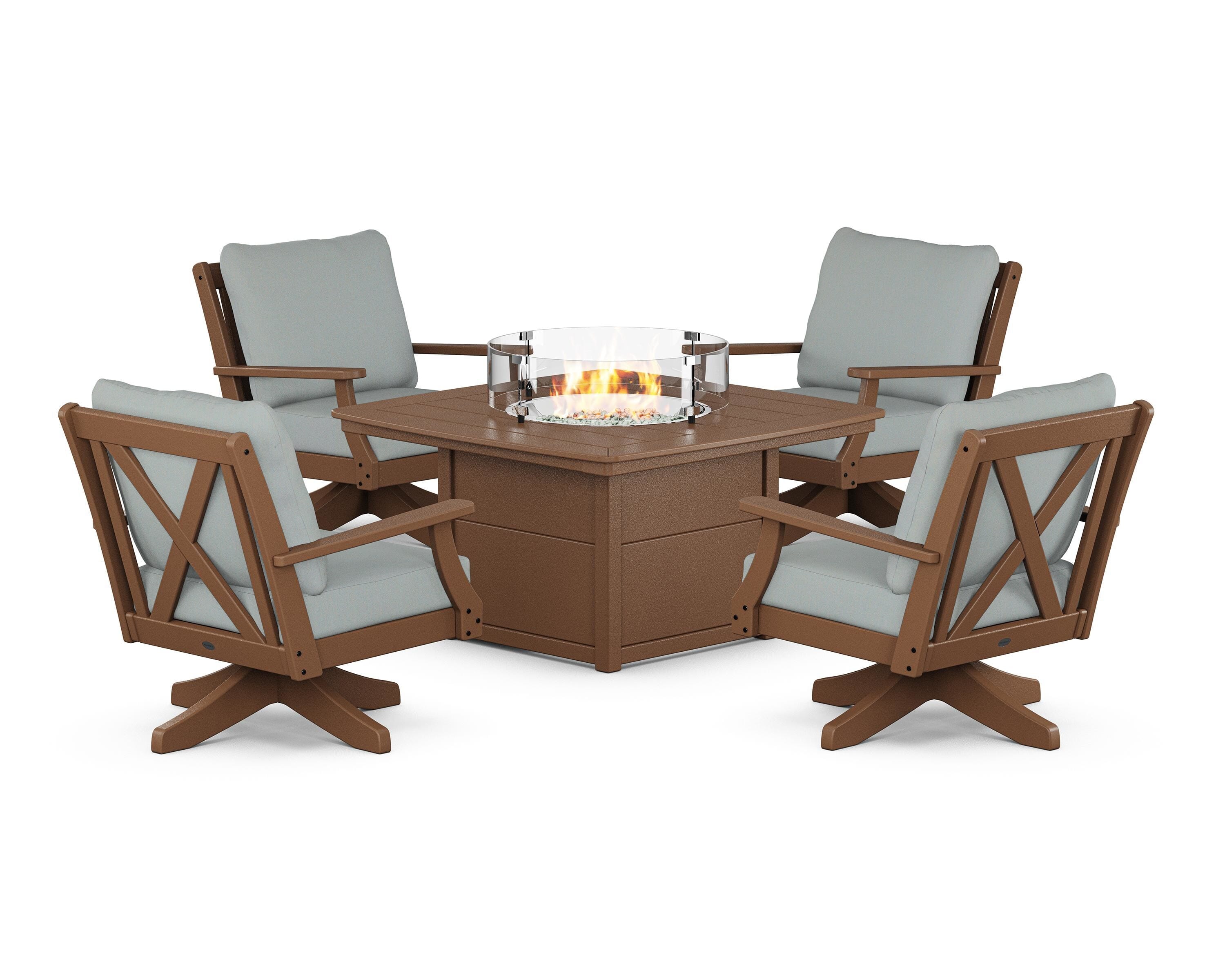 POLYWOOD Braxton 5-Piece Deep Seating Swivel Conversation Set with Fire Pit Table in Teak / Spa