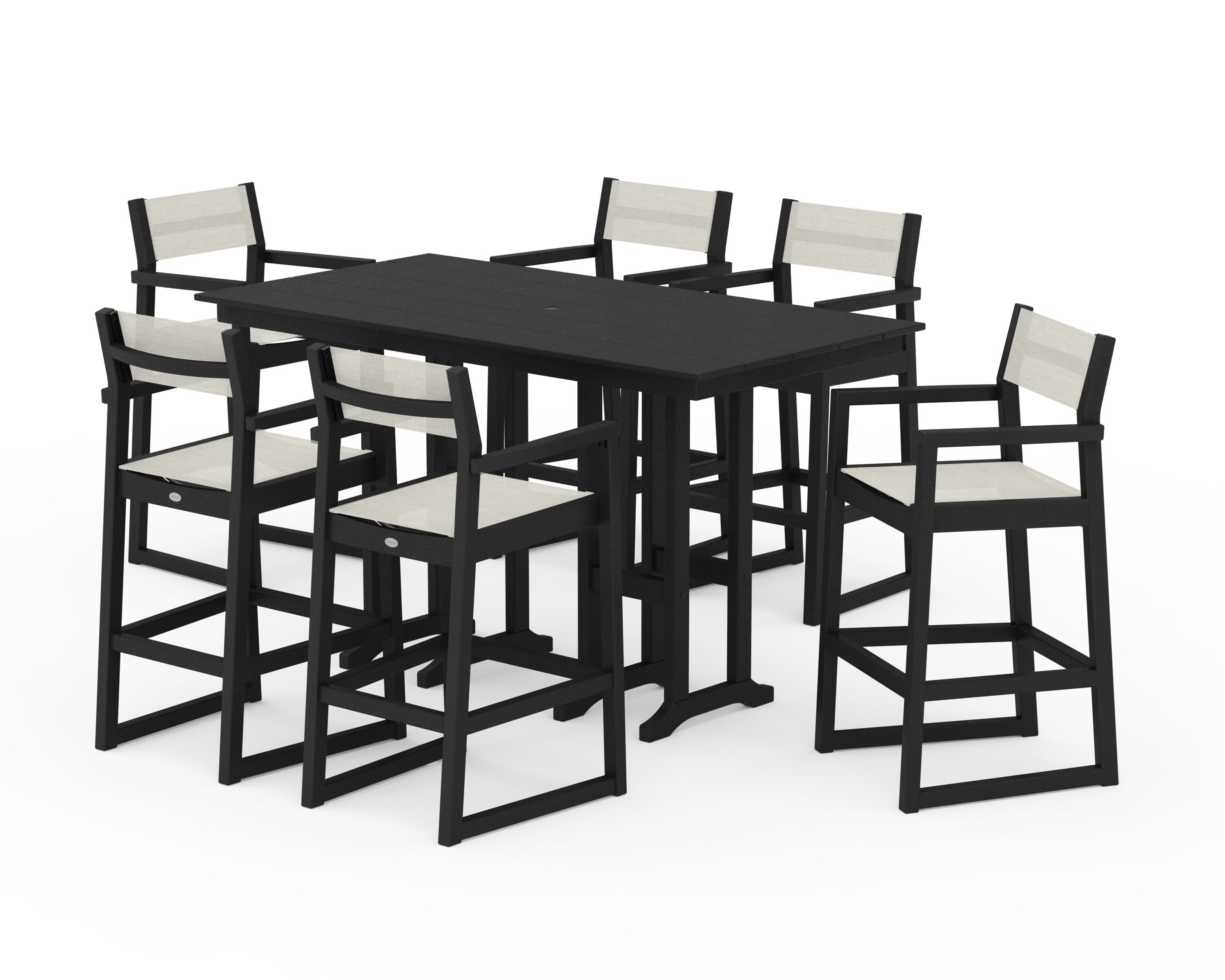 POLYWOOD EDGE Sling Arm Chair 7-Piece Farmhouse Bar Set in Black / Parchment Sling