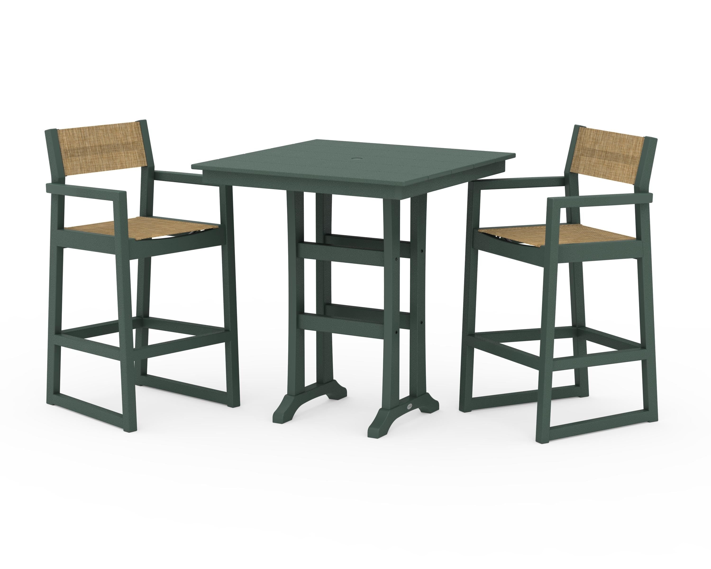 POLYWOOD EDGE Sling Arm Chair 3-Piece Farmhouse Bar Set with Trestle Legs in Green / Burlap Sling
