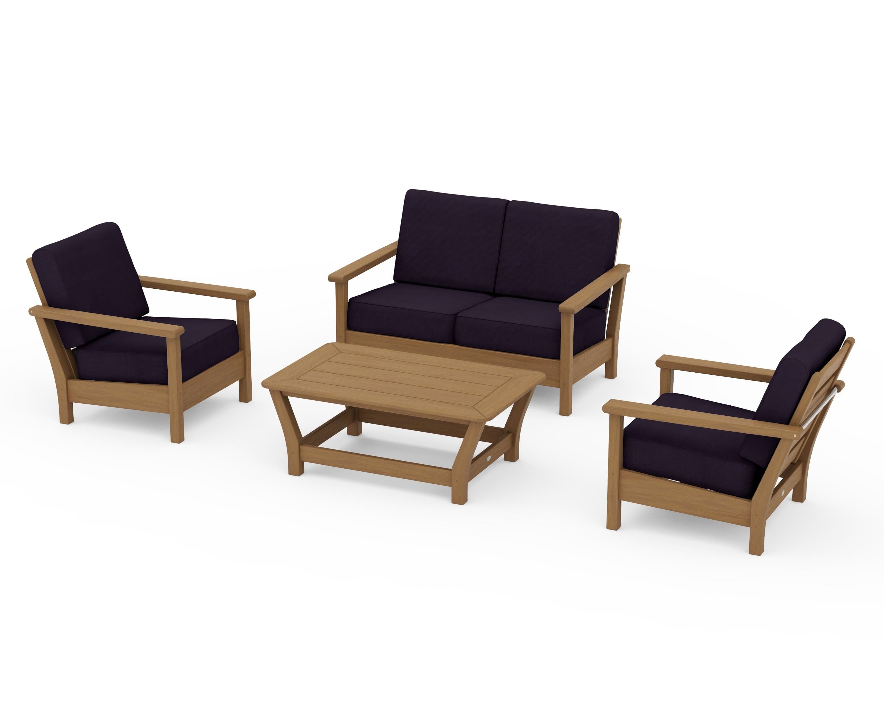 POLYWOOD Harbour 4-Piece Deep Seating Set in Natural / Navy Linen