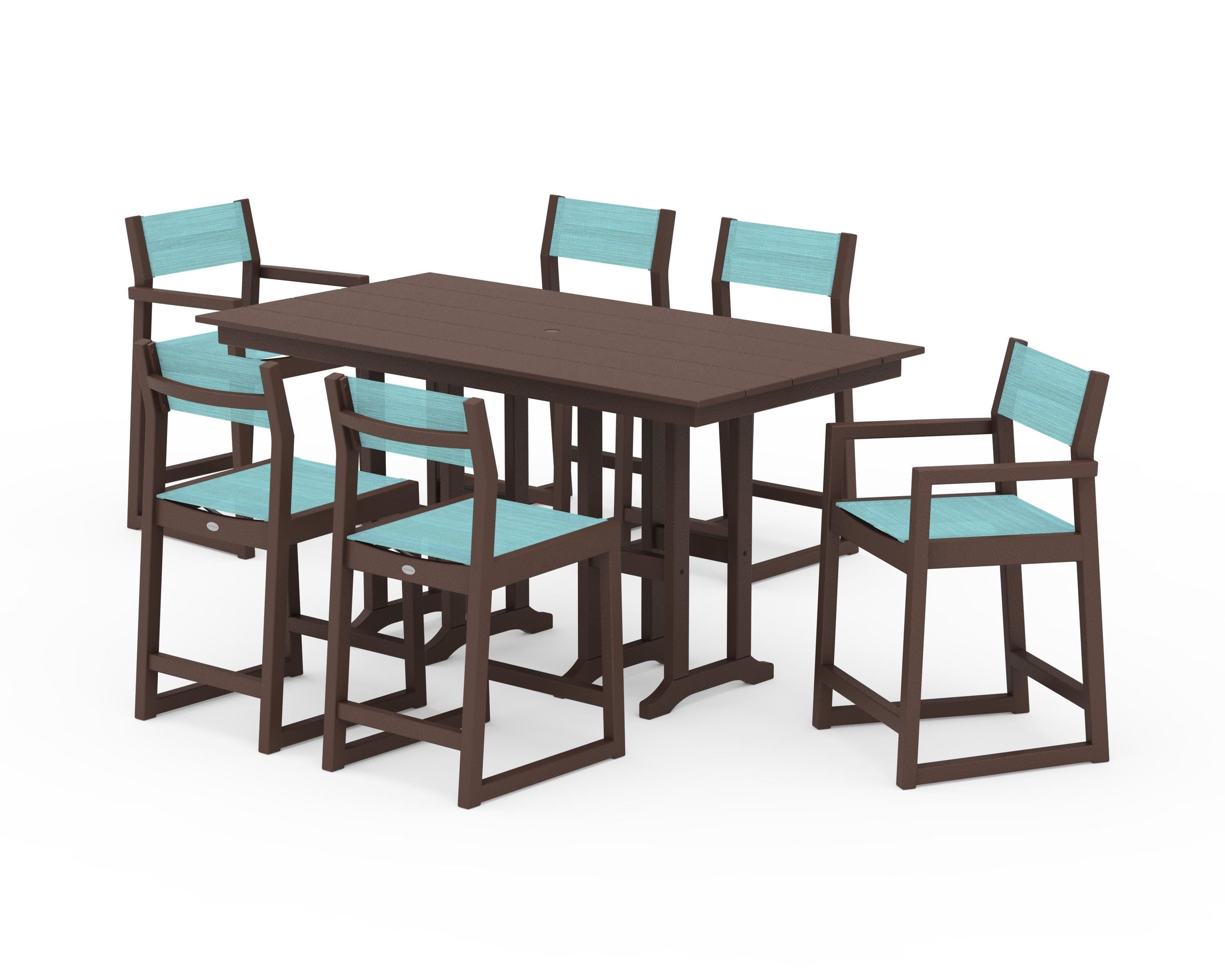 POLYWOOD EDGE Sling 7-Piece Farmhouse Counter Set with Trestle Legs in Mahogany / Dupioni Aquamarine Sling