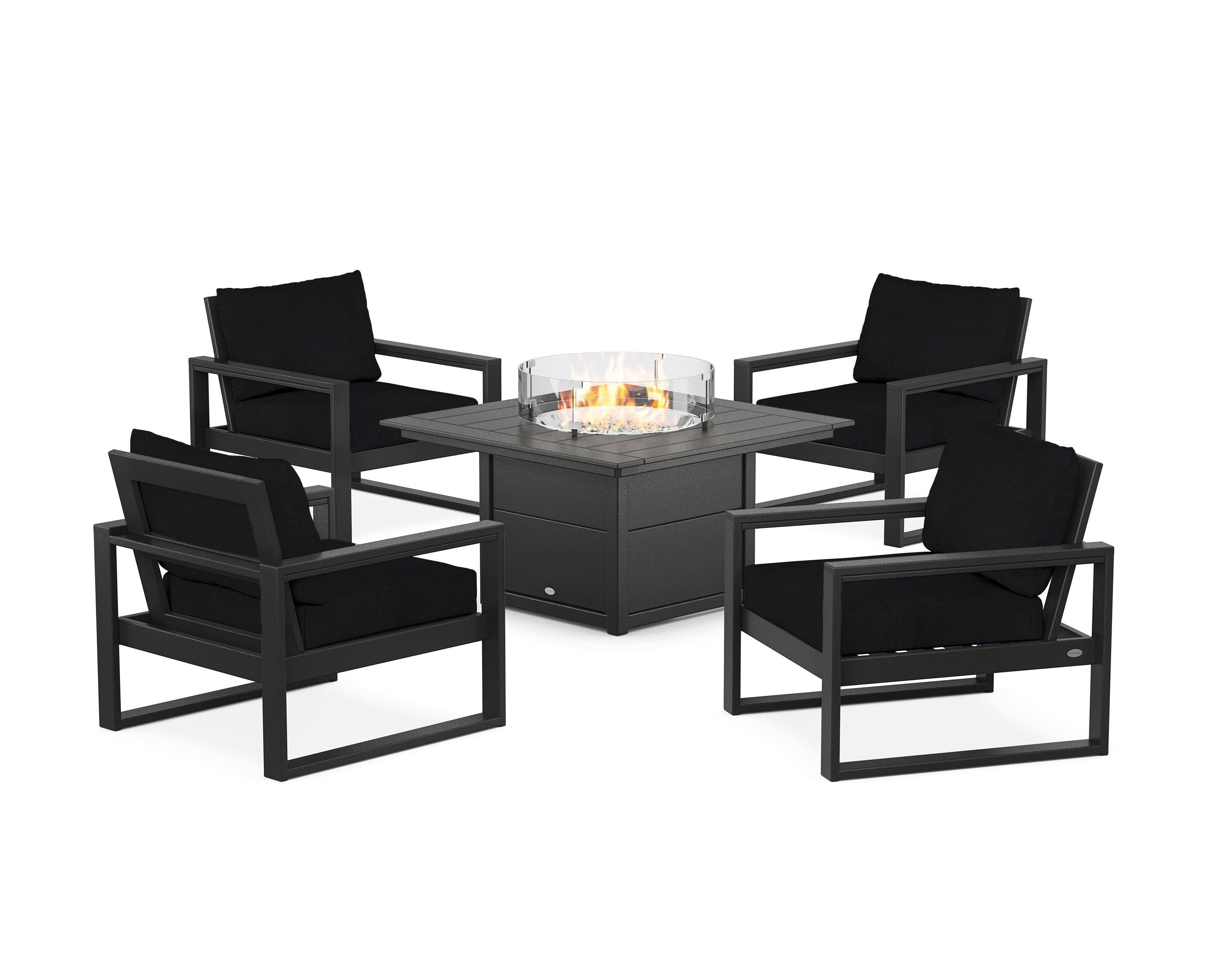 POLYWOOD EDGE Sectional 5-Piece Deep Seating Set with Fire Pit Table in Black / Midnight Linen