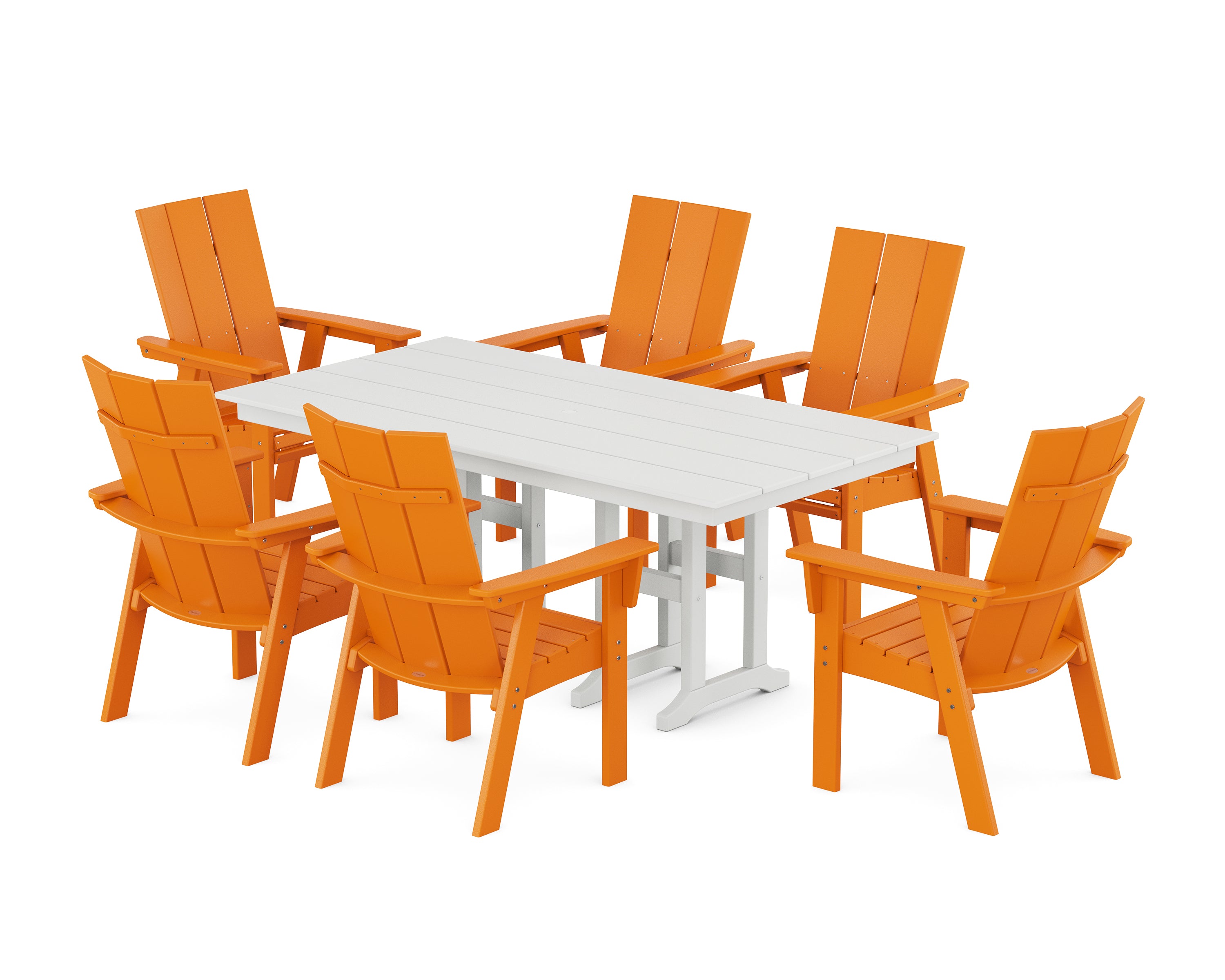 POLYWOOD Modern Curveback Adirondack 7-Piece Farmhouse Dining Set in Tangerine / White