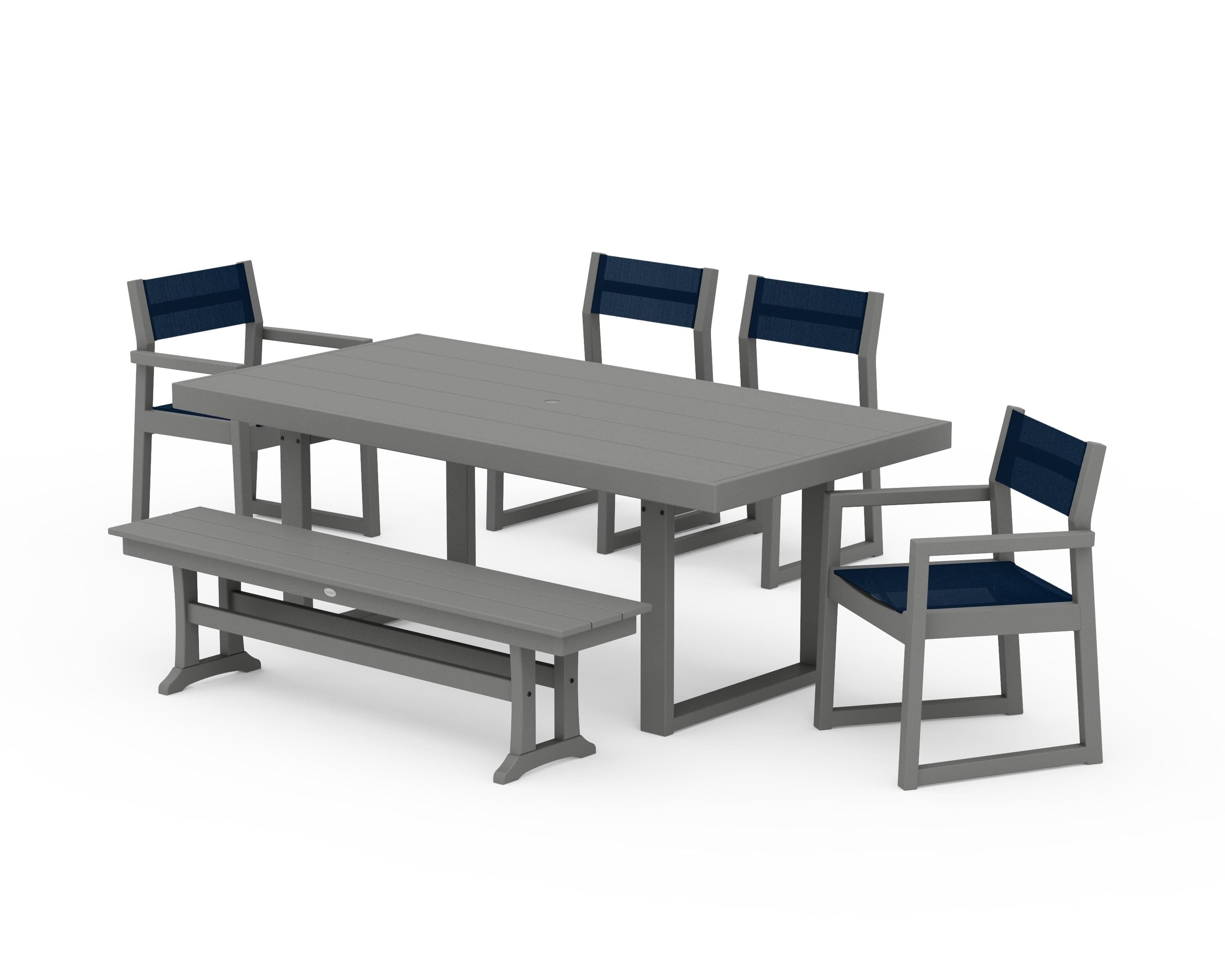 POLYWOOD EDGE Sling 6-Piece Dining Set with Bench in Slate Grey / Navy Blue Sling