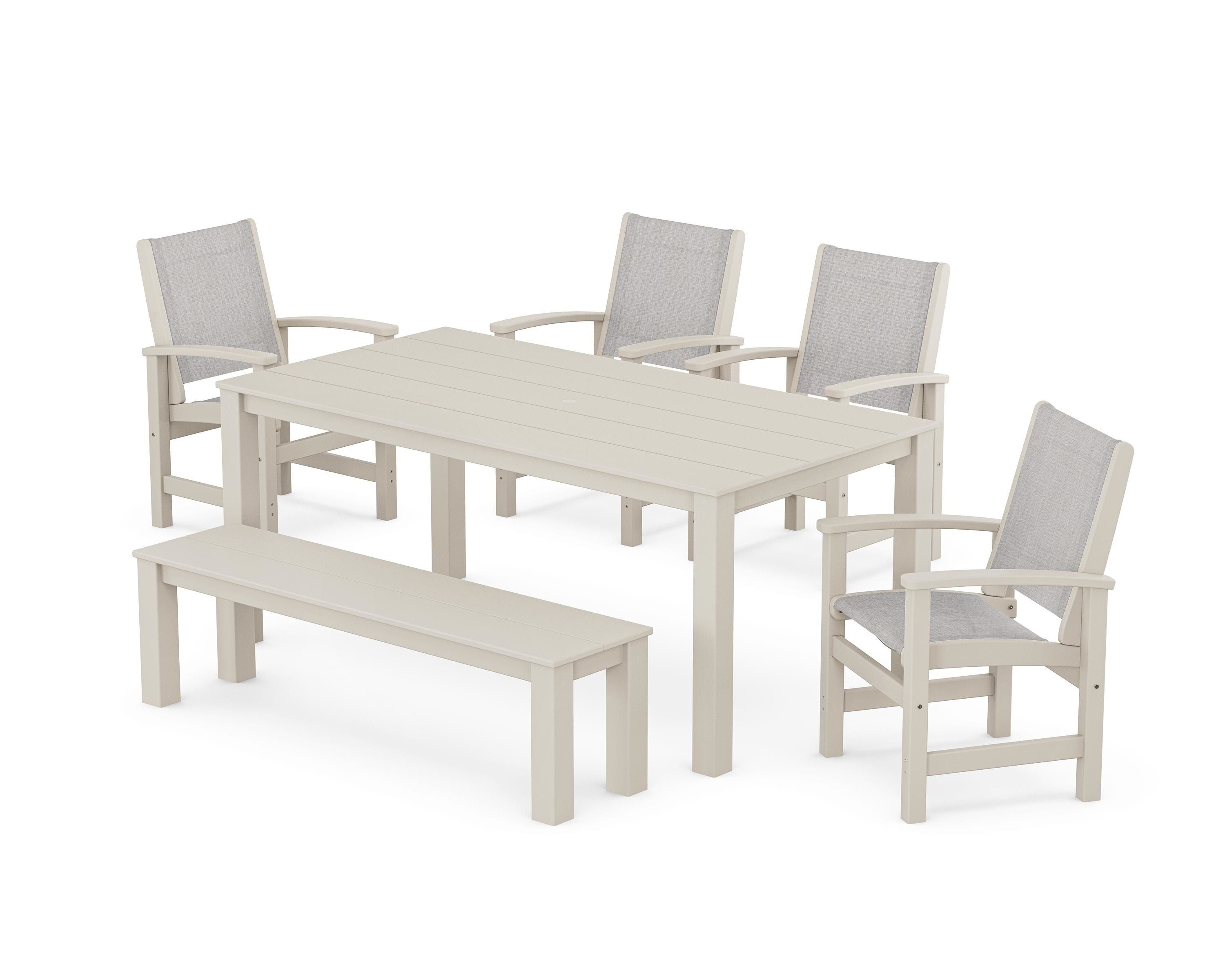 POLYWOOD Coastal 6-Piece Parsons Dining Set with Bench in Sand / Parchment Sling
