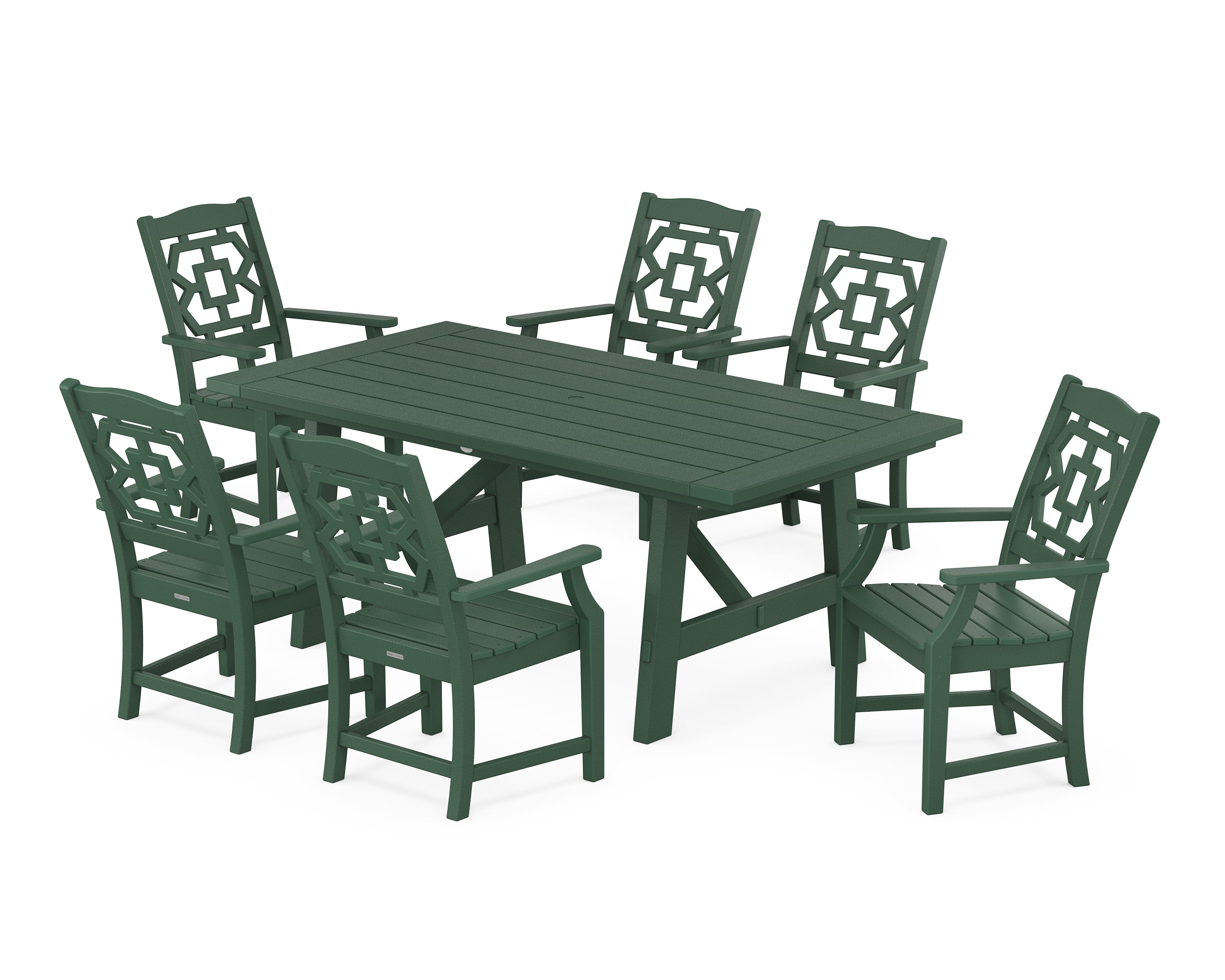 Martha Stewart by POLYWOOD® Chinoiserie Arm Chair 7-Piece Rustic Farmhouse Dining Set in Green