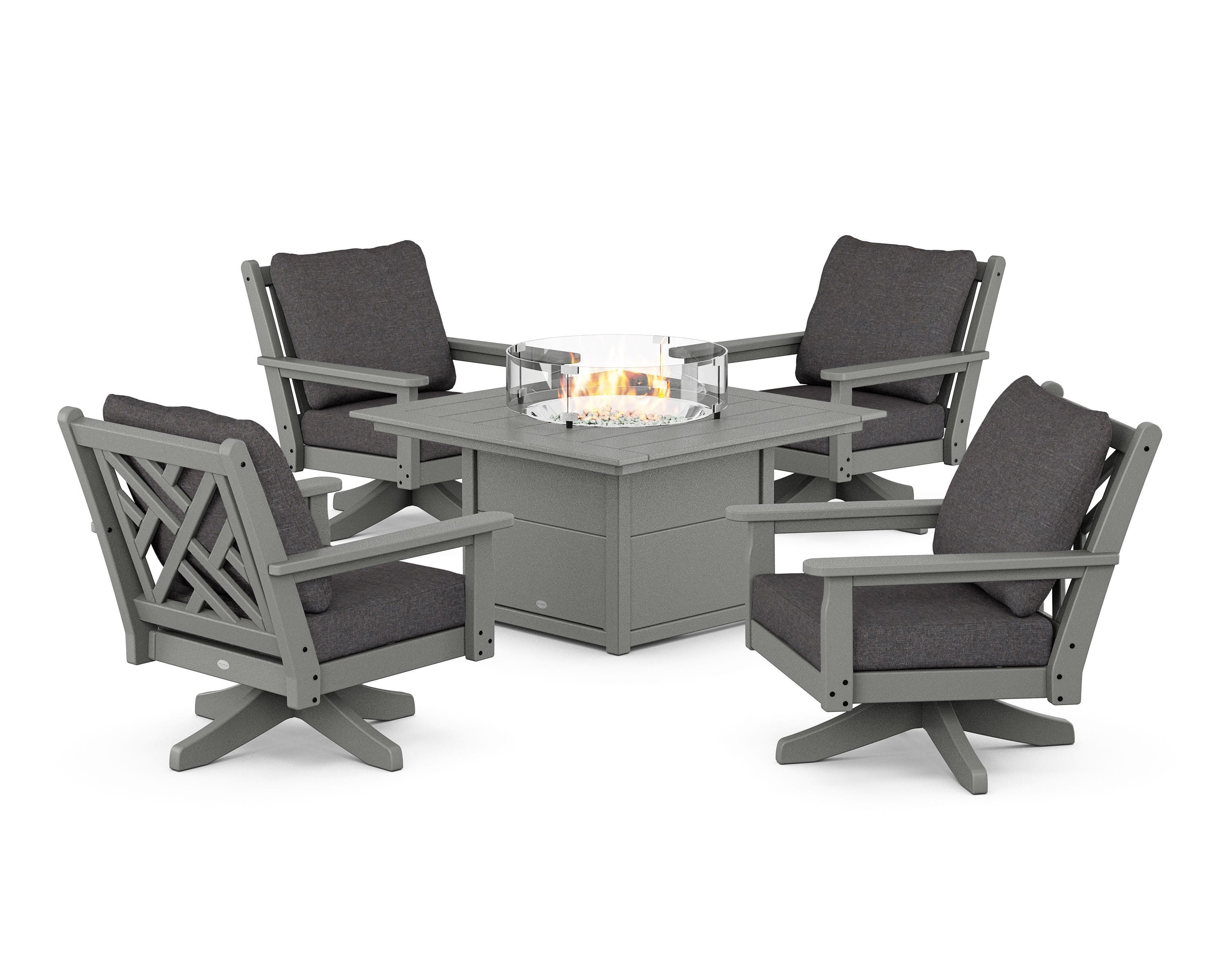 POLYWOOD Chippendale 5-Piece Deep Seating Swivel Conversation Set with Fire Pit Table in Slate Grey / Ash Charcoal