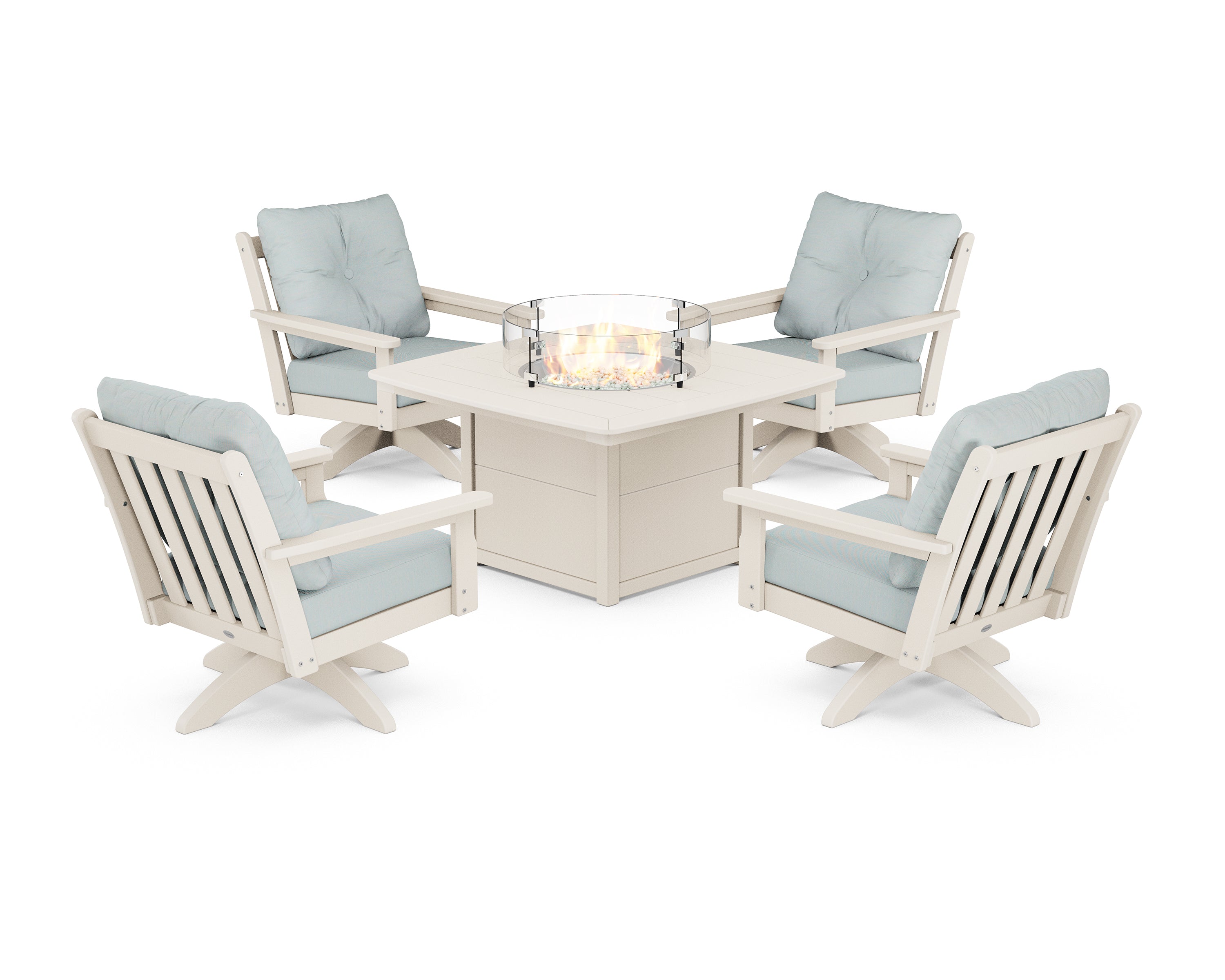 POLYWOOD Vineyard 5-Piece Deep Seating Swivel Conversation Set with Fire Pit Table in Sand / Spa