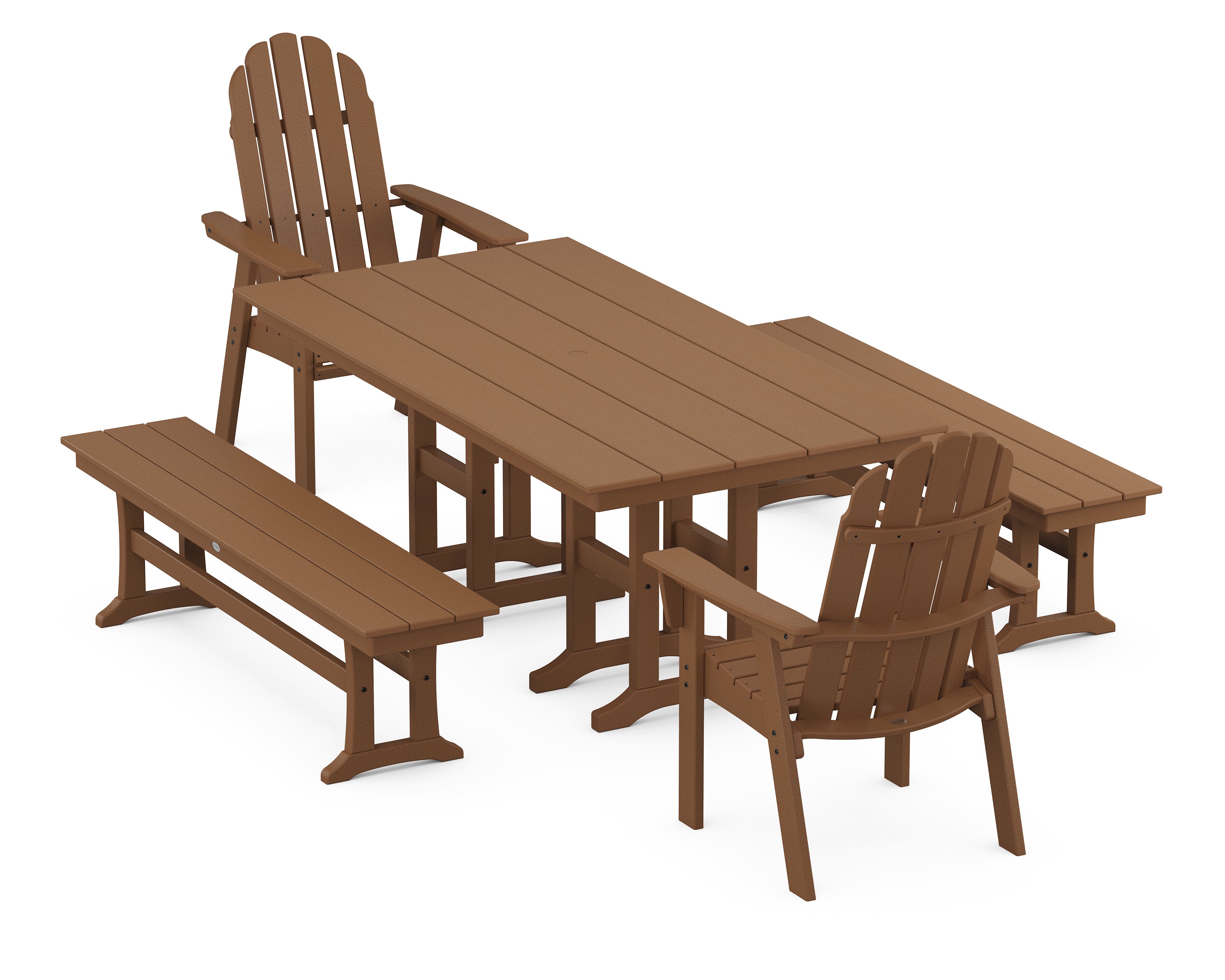 POLYWOOD® Vineyard Curveback Adirondack 5-Piece Farmhouse Dining Set with Benches in Teak