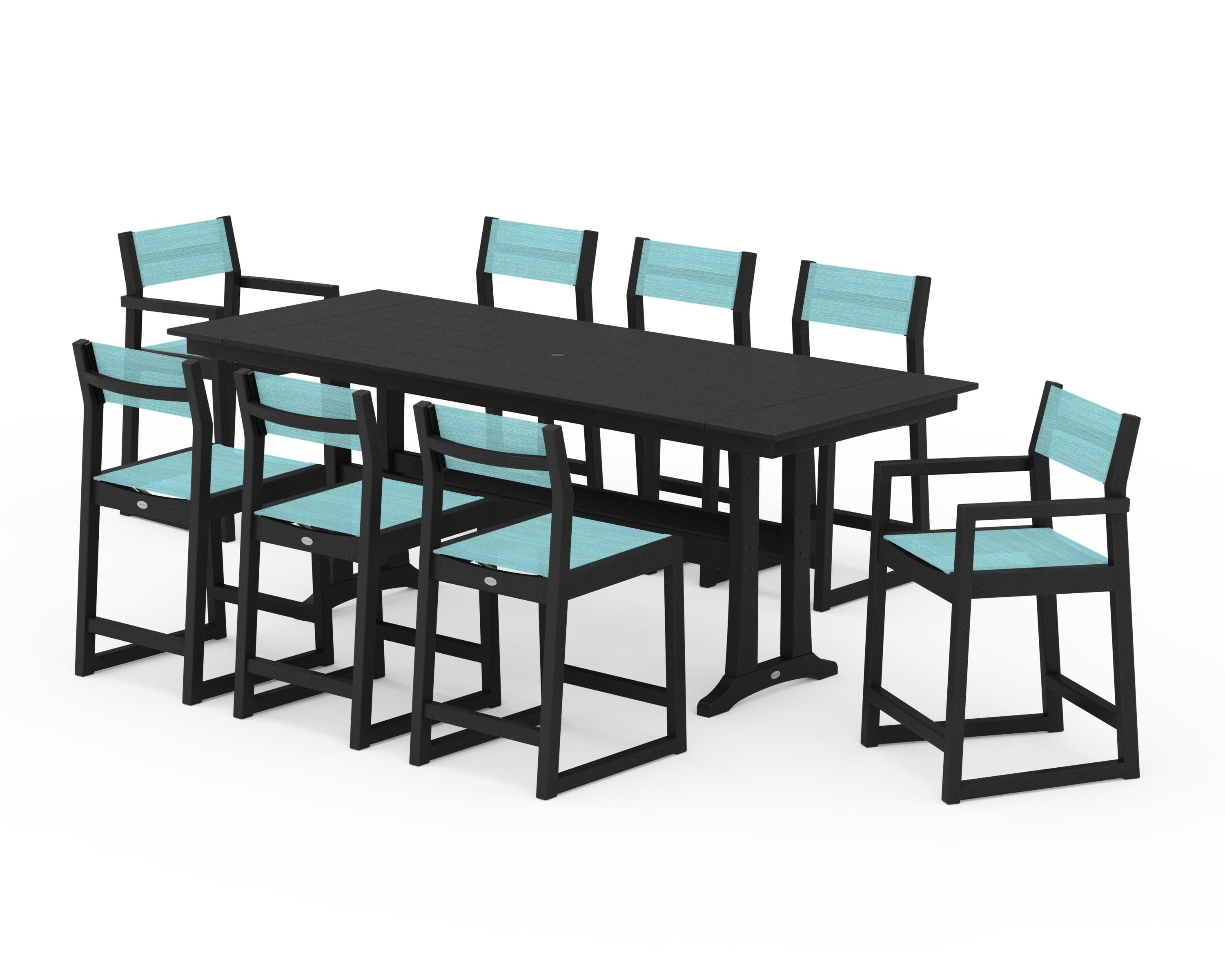 POLYWOOD EDGE Sling 9-Piece Farmhouse Counter Set with Trestle Legs in Black / Dupioni Aquamarine Sling