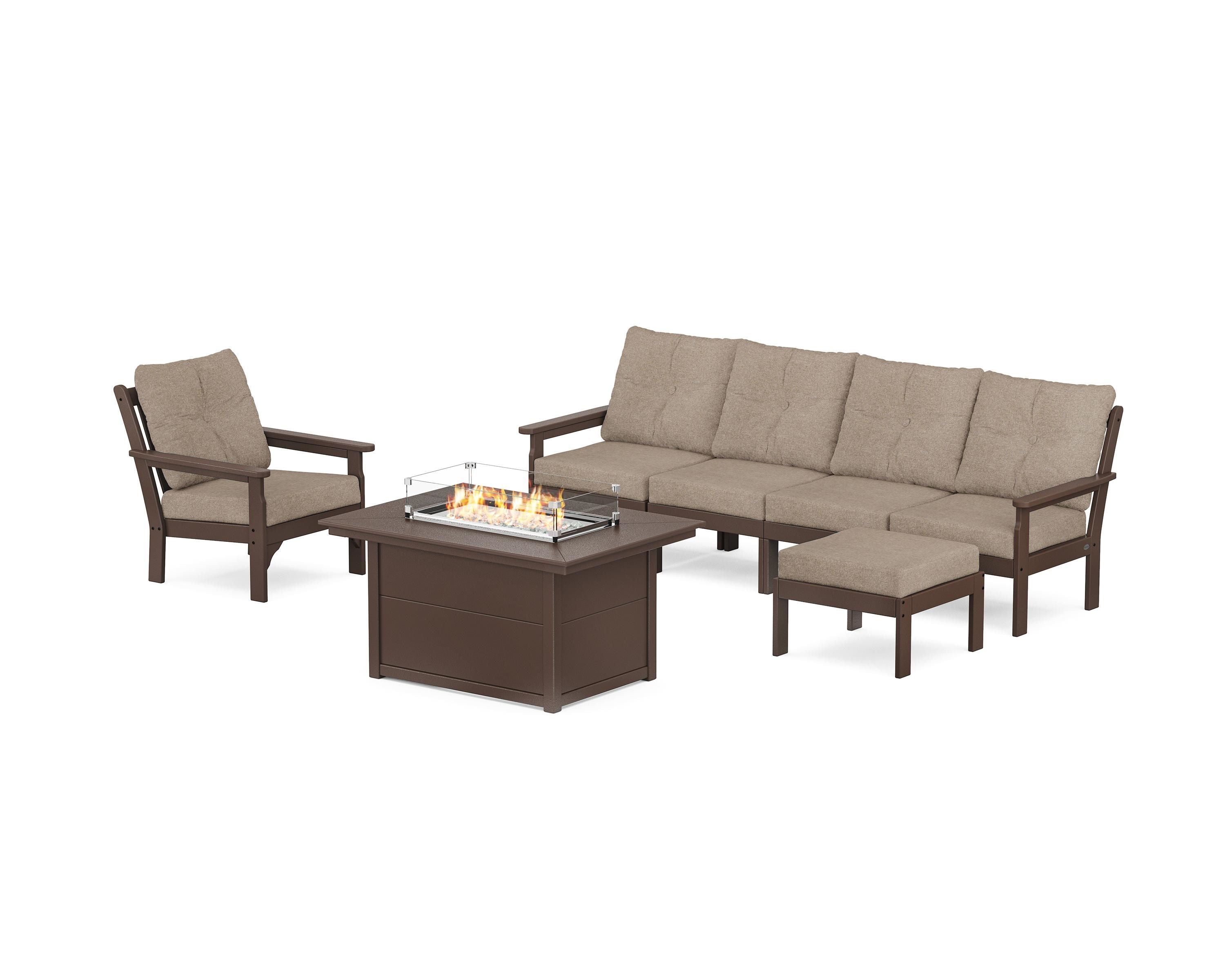 POLYWOOD Vineyard Sectional Lounge and Fire Pit Set in Mahogany / Spiced Burlap