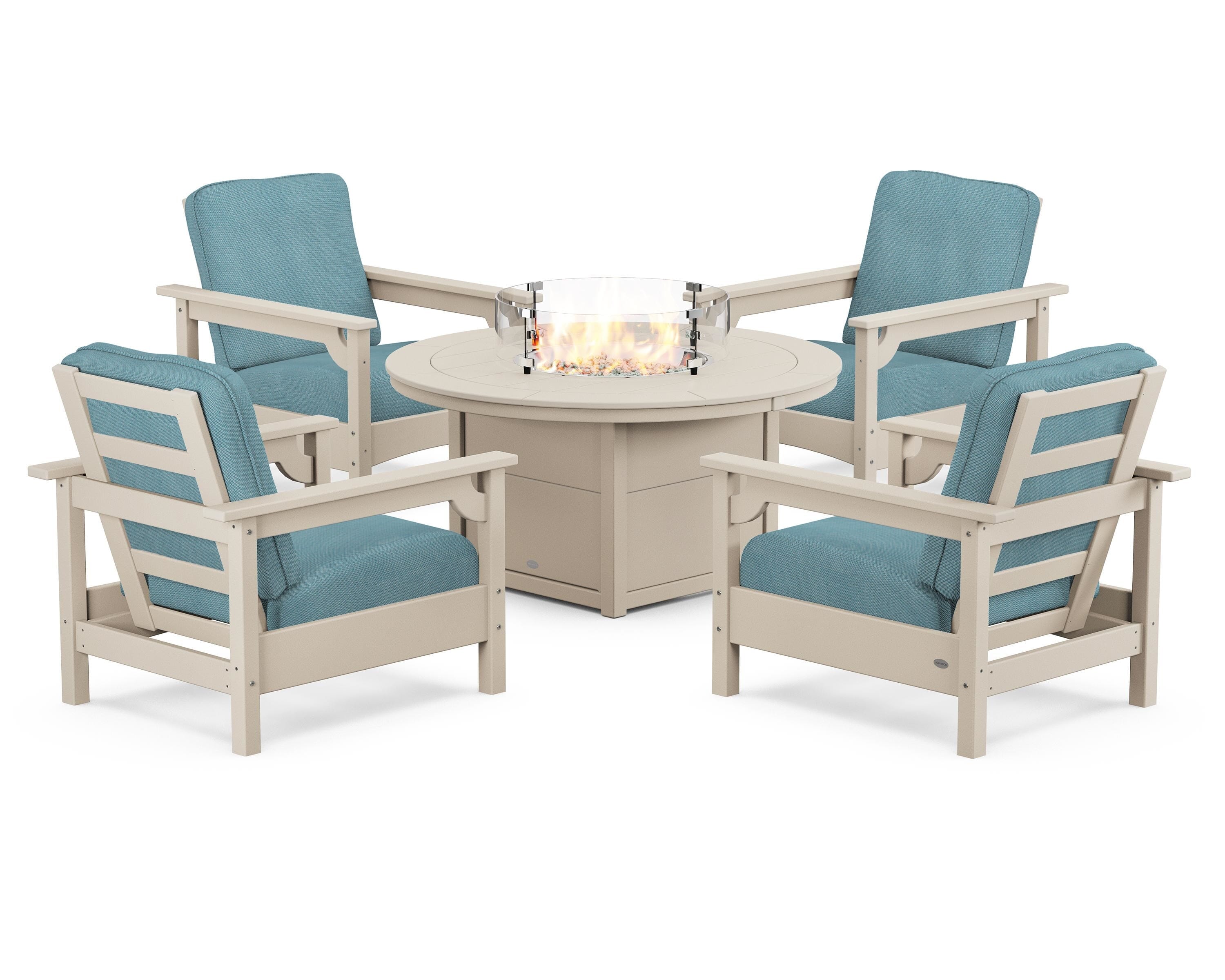 POLYWOOD Club 5-Piece Conversation Set with Fire Pit Table in Sand / Lattice Sky Blue