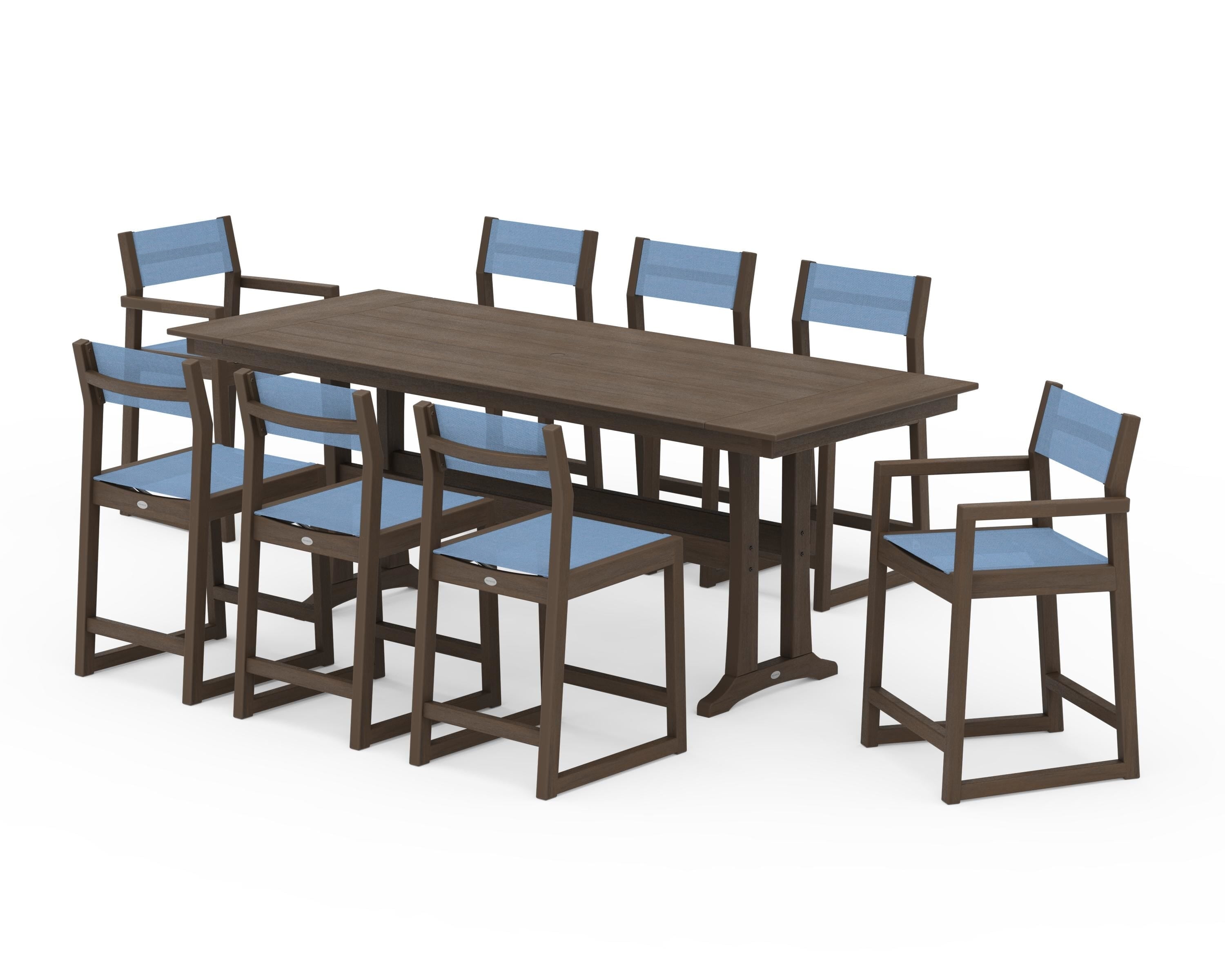 POLYWOOD EDGE Sling 9-Piece Farmhouse Counter Set with Trestle Legs in Kona / Poolside Sling